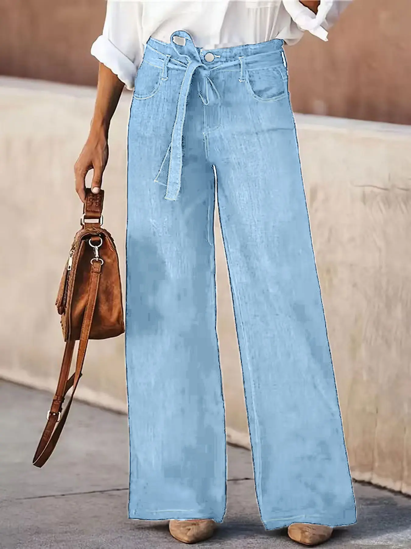 Women's high-rise paperbag wide-leg jeans, light blue belted denim pants, relaxed casual style