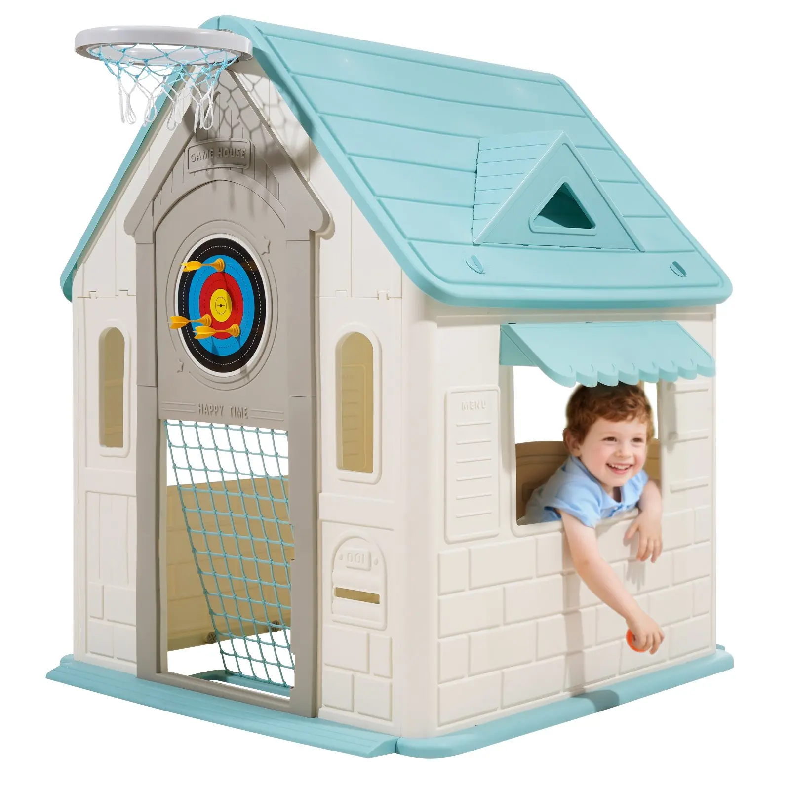 VEVOR Outdoor Playhouse, 5-In-1 Cottage Play House with Pretend Play, Basketball, Darts, Soccer, Ring Toss, Window Convenient Door, Toddler Slide Set for Aged 2+, Smooth Edges, Polypropylene Plastic
