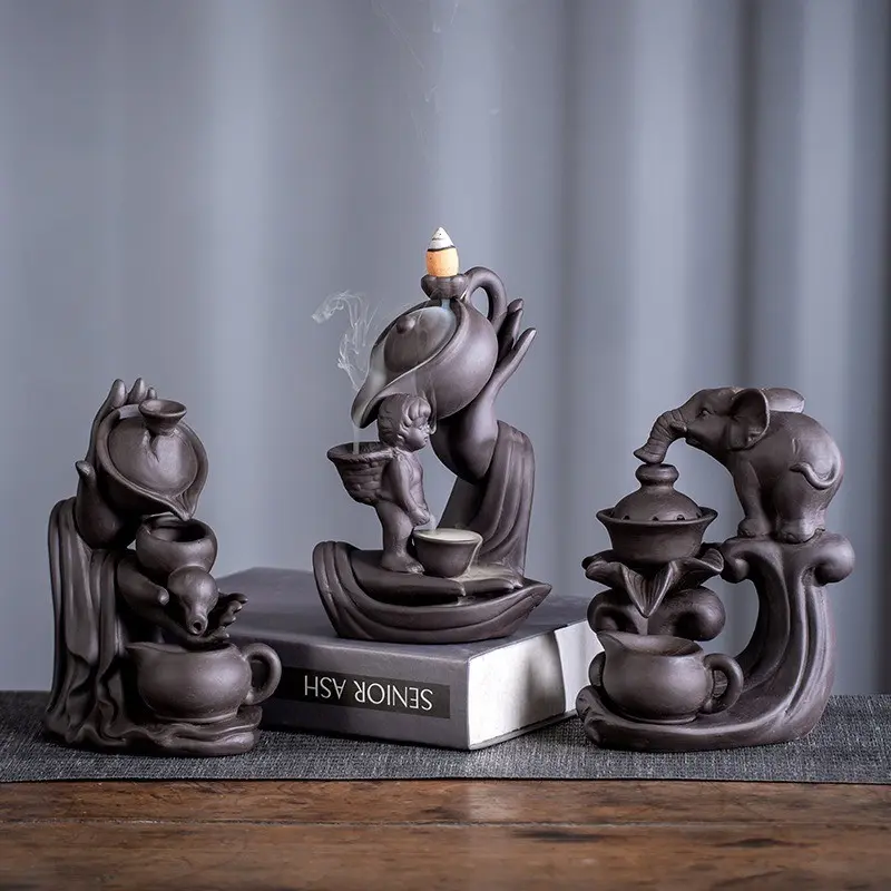 Creative Clay Reverse Flow Incense Burner, Buddha Hand Child Teapot Elephant Shape Ceramic, Indoor Zen Home Tea Ceremony Decorative Item