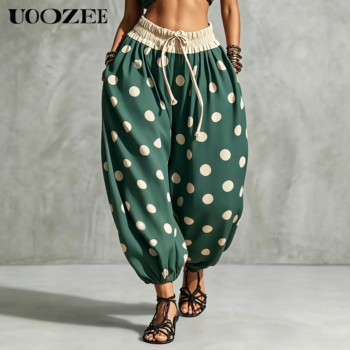 UOOZEE Women's Polka Dot Harem Joggers, High-Waist Baggy Polyester Trousers with Drawstring and Pockets for Beach Vacation, Spaghetti, Chic, Tops, Balloon, Festival, Strap, Crop Tops, Outdoor, Oversized, Matching, Bottom, Breathable, Casual, Harem Pants,,