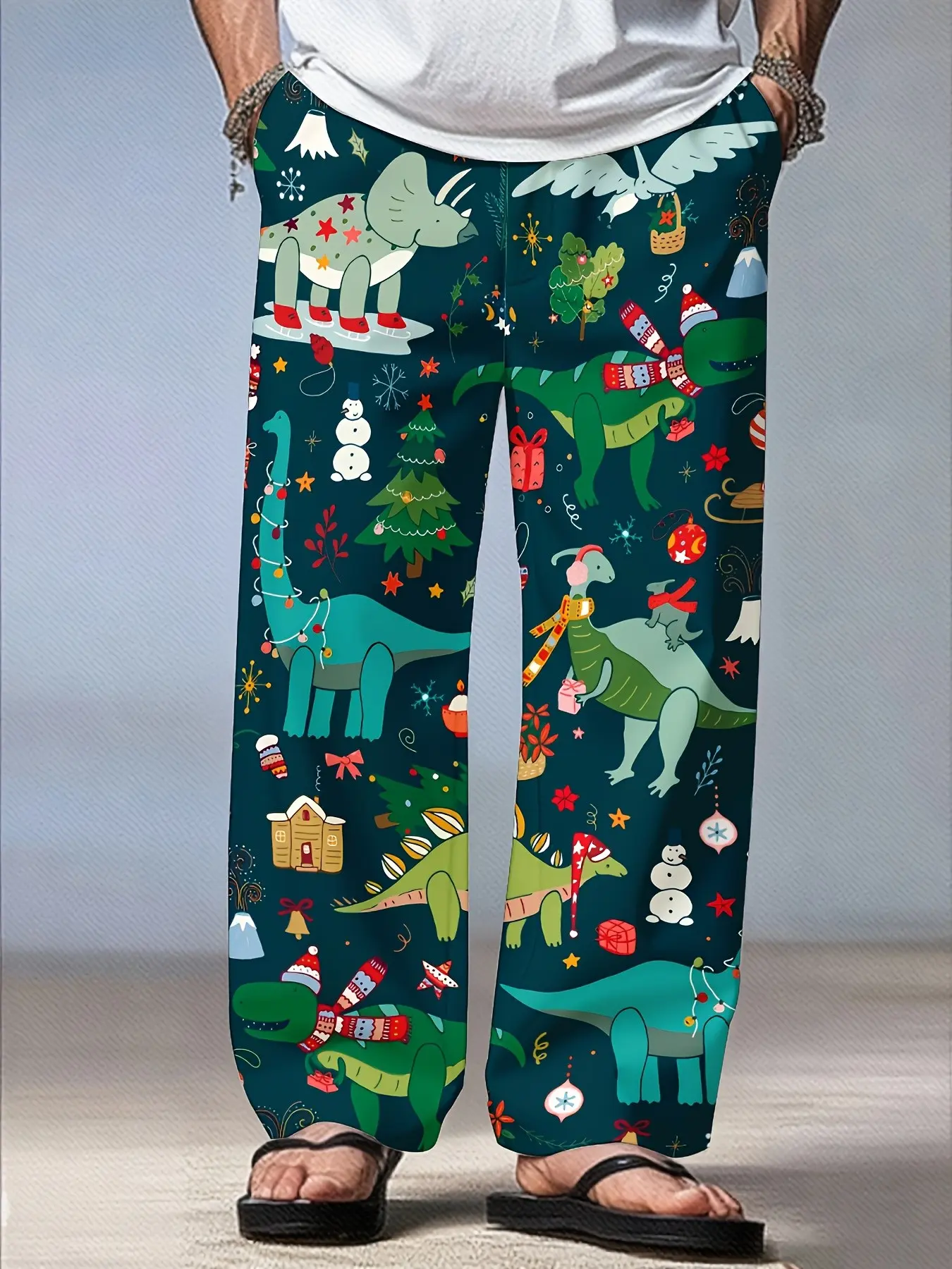 Unisex Christmas Dinosaur Full Print Wide Leg Sleep Pants Elastic Waist Loose Soft Breathable Home Loungewear Xmas Holiday Casual Daily Trousers With Side Pockets