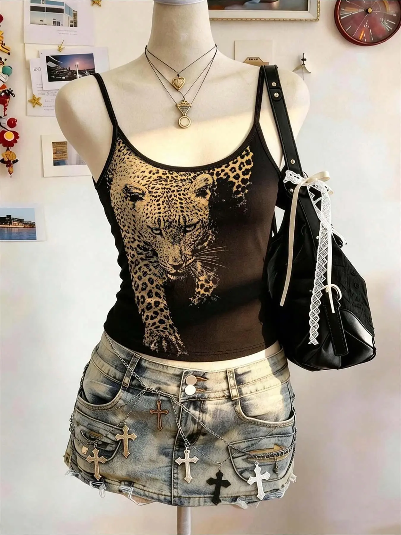 Y2K Retro Leopard Print Fitted Strapless Tank Top, Elastic Ribbed Fabric Short Low Neck Casual Innerwear, Vintage Animal Print Sleeveless Vest