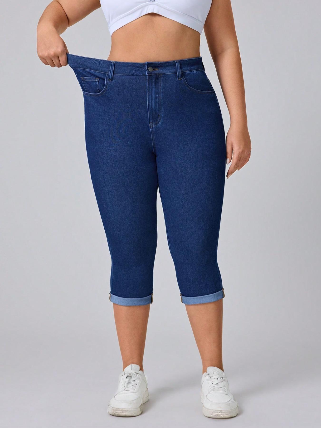 【Plus Size】Skinny Capri Jeans, Casual Comfy Basic Capri Denim Pants for Daily Wear, Women's Bottoms for Summer
