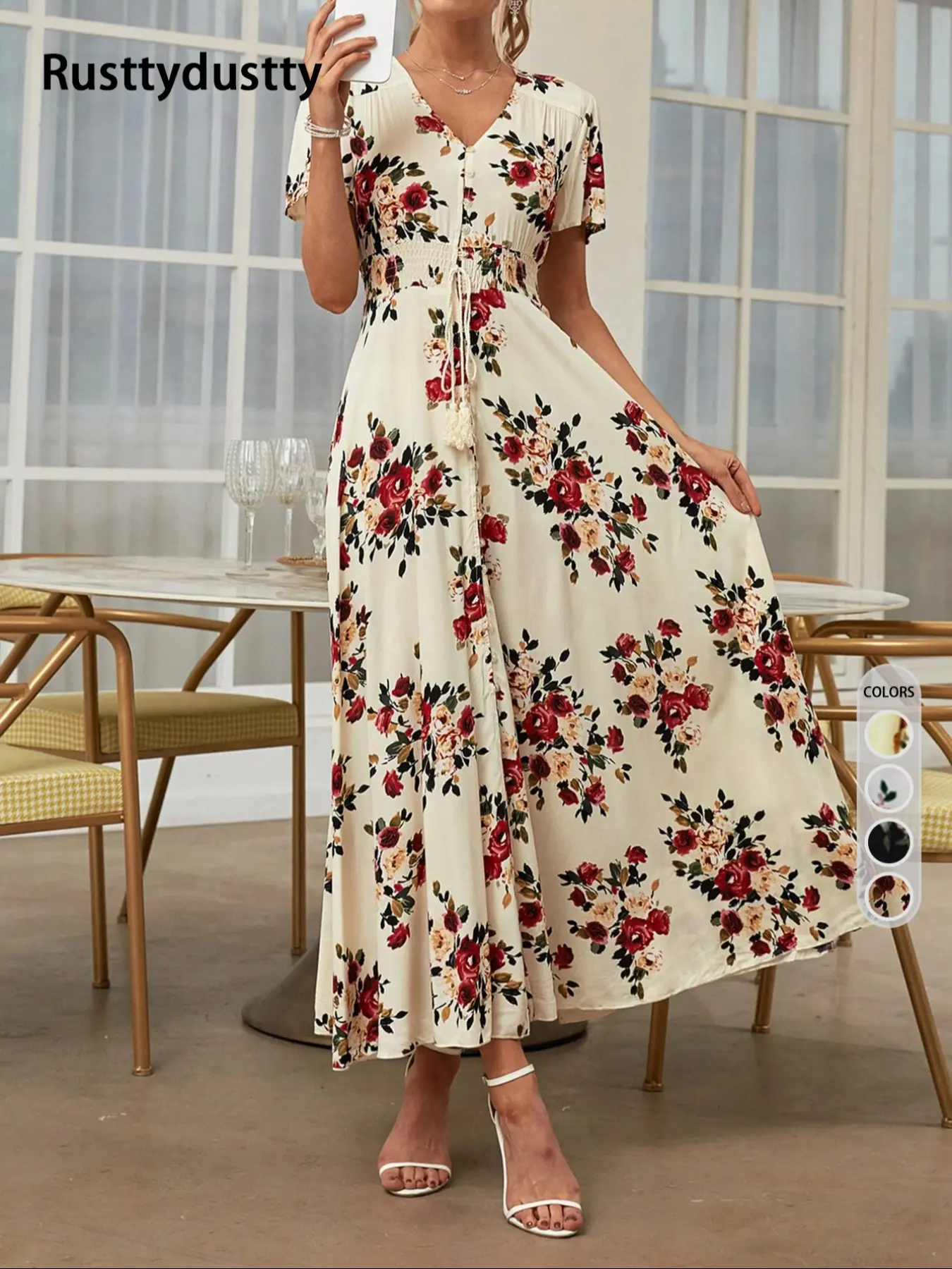 Women's Floral Print Vneck Button Front Maxi Dress, Boho French Style Chic Casual Short Sleeve Dress for Summer, Women's Clothes for Beach Vacation Holiday