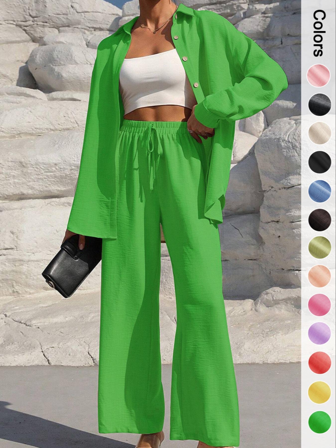 Women's Solid Button Front Shirt & Tie Front Wide Leg Pants Two-piece Set, Casual Drop Shoulder Long Sleeve Top & Trousers 2 Piece Set for Spring & Fall, Women's Clothes for Daily Wear, Loose Pant Sets, Casual Outfits Women