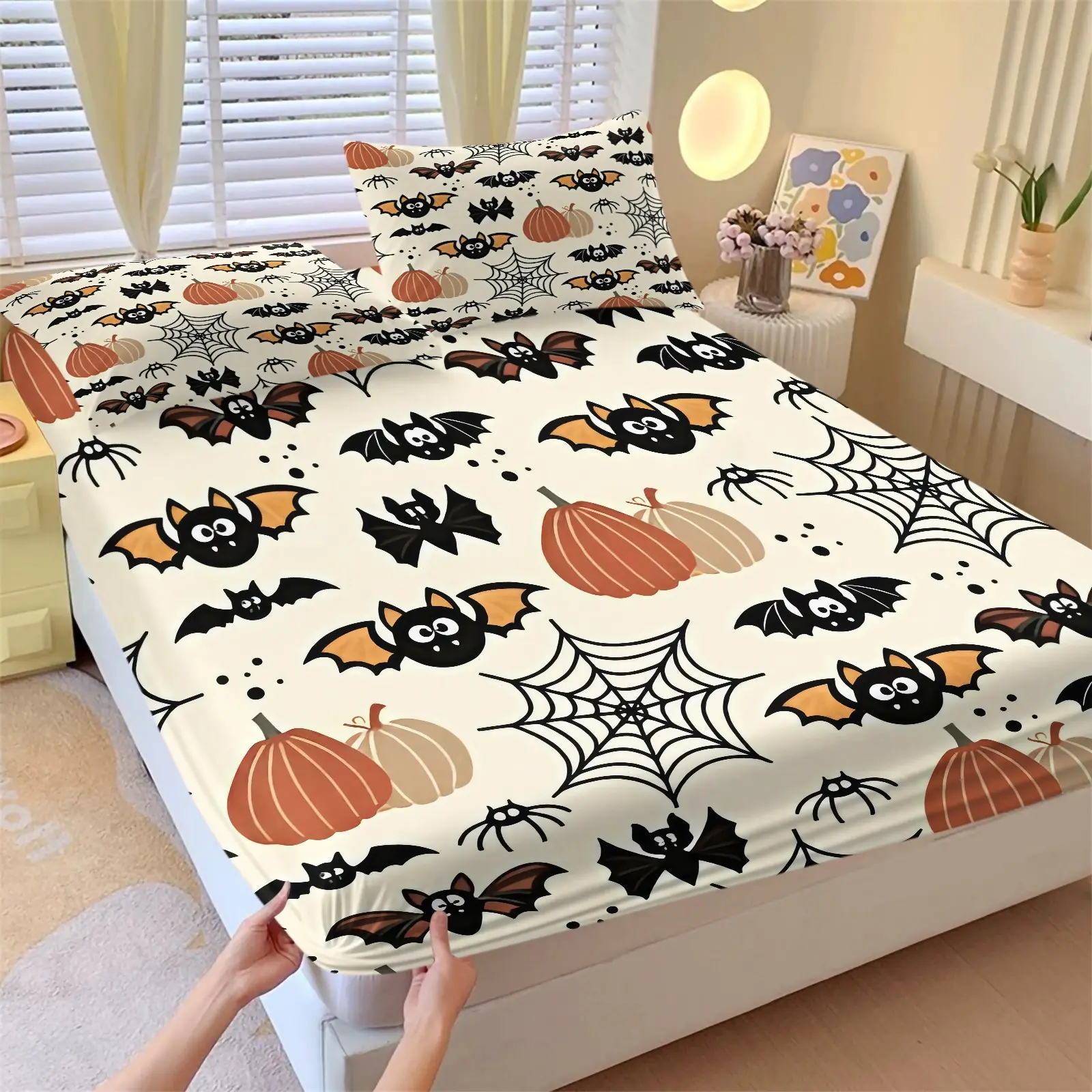 Cute Halloween Bat Pumpkin Fitted Sheet Set, Spooky Cartoon Print Bed Sheets Set, 1 Fitted Sheet & 2 Pillowcase No Filling, Soft Microfiber Deep Pocket Design, Gift for Teens Boys Girls, All Season