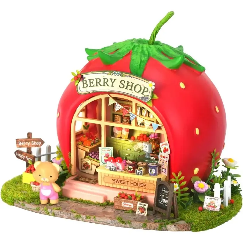 Dollhouse Kit, DIY Miniature House Kit – Berry Shop with LED Lights, Realistic Mini Crafts Room for Home Decor, Creative Handmade Gift
