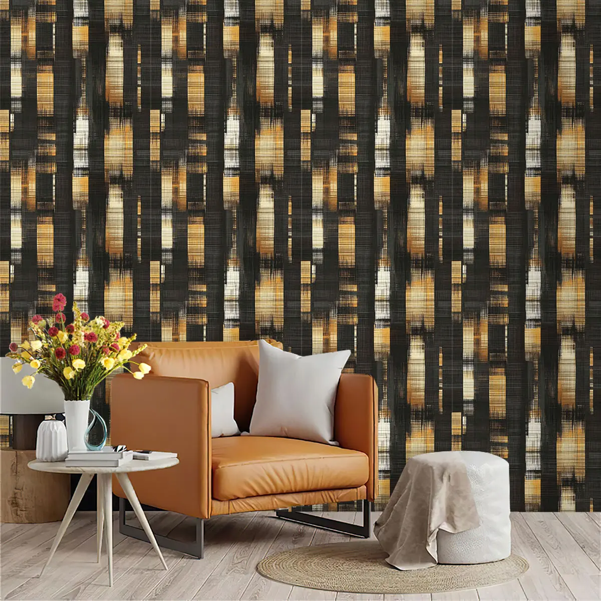 1pc Modern Abstract Black & Orange Geometric Striped Print PVC Wallpaper Wall Sticker, Self-Adhesive Peel & Stick for Wall Decor & Renovation, Suitable for All Rooms