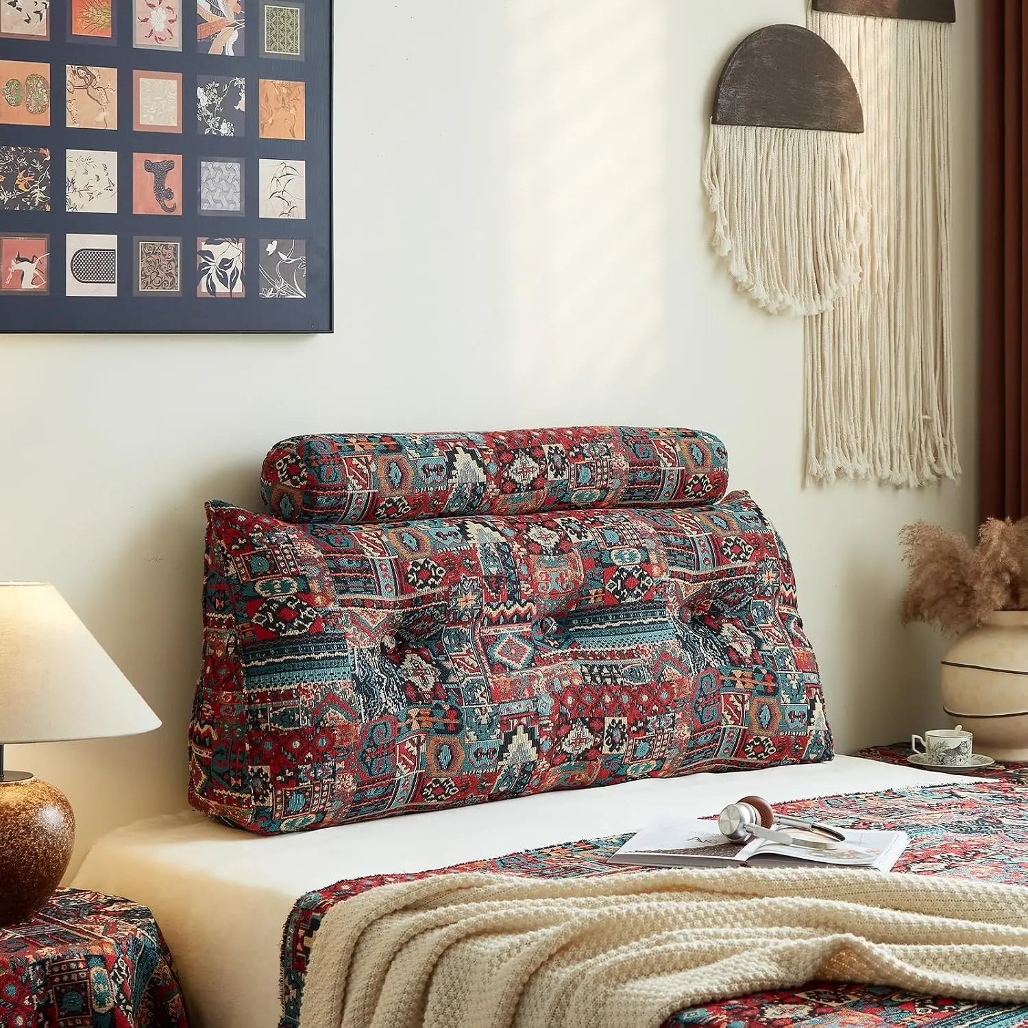 Sparks Bloom Boho Full Size Large Triangular Headboard Wedge Pillow, Fills Headboard Gap, Support for Sitting Up in Bed, Daybed, Couch & Sofa, Removable Washable Cover with Side Pockets