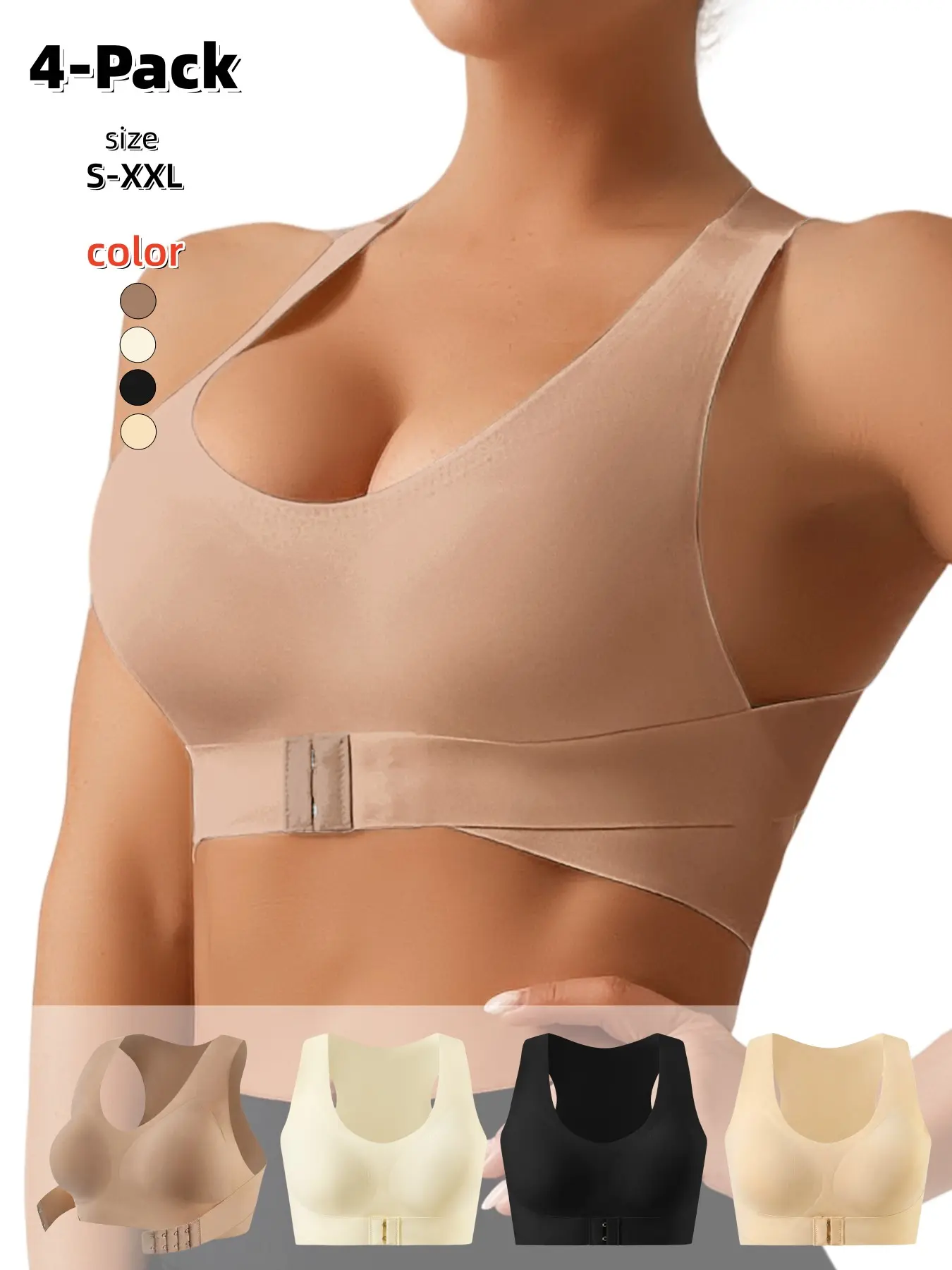 Adjustable Backless Bra for Women, Wireless Wide Strap, Detachable Pads, Moderate Elasticity, Suitable for All Seasons, 4 Colors Available
