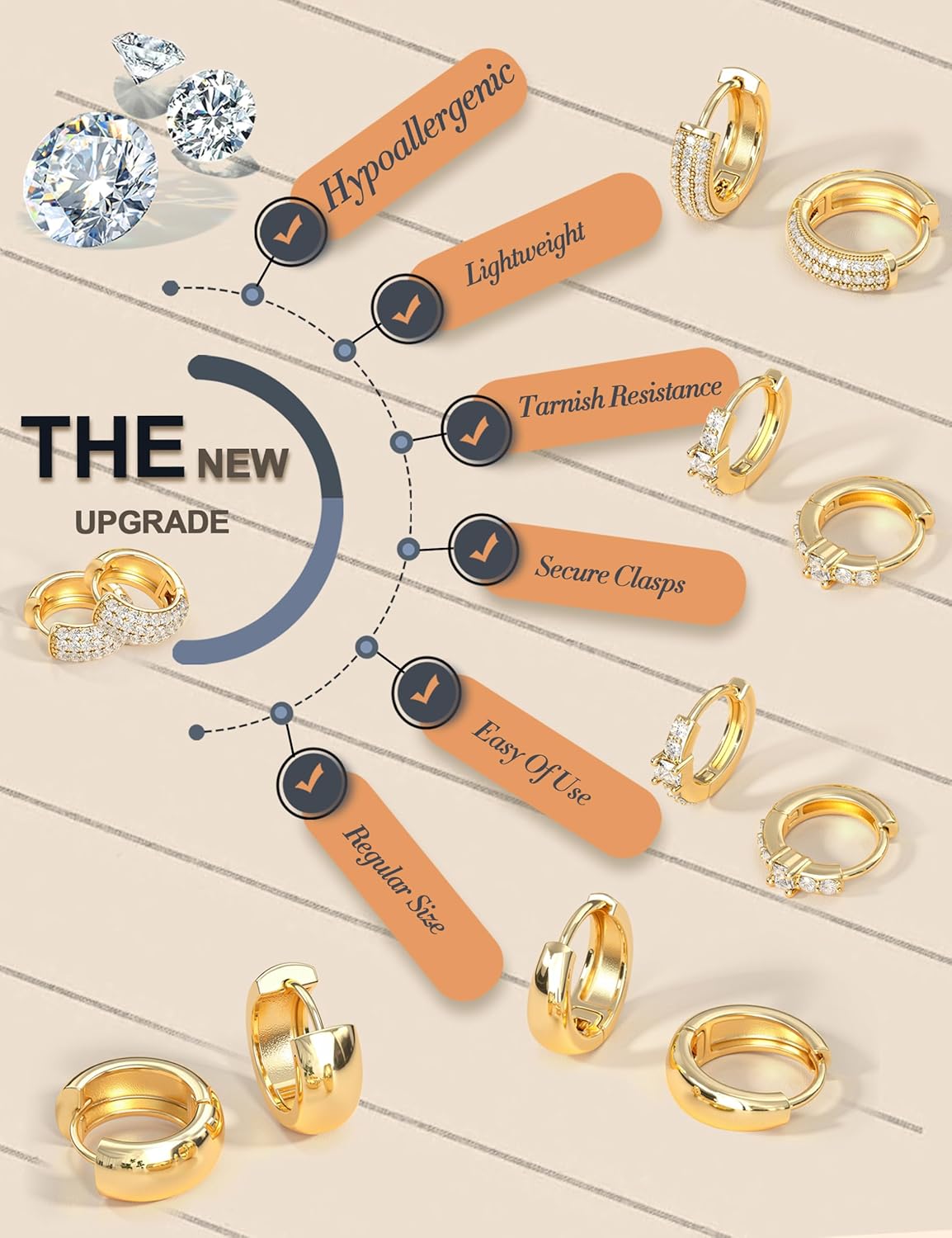 LOLIAS Small 14K Gold Plated Chunky Hoop Earrings for Women Hypoallergenic Silver Earrings Set for Sensitive Ears Non Tarnish Huggie Hoops Earring Stacks for Multiple Piercing Jewelry Lightweight 3Pairs