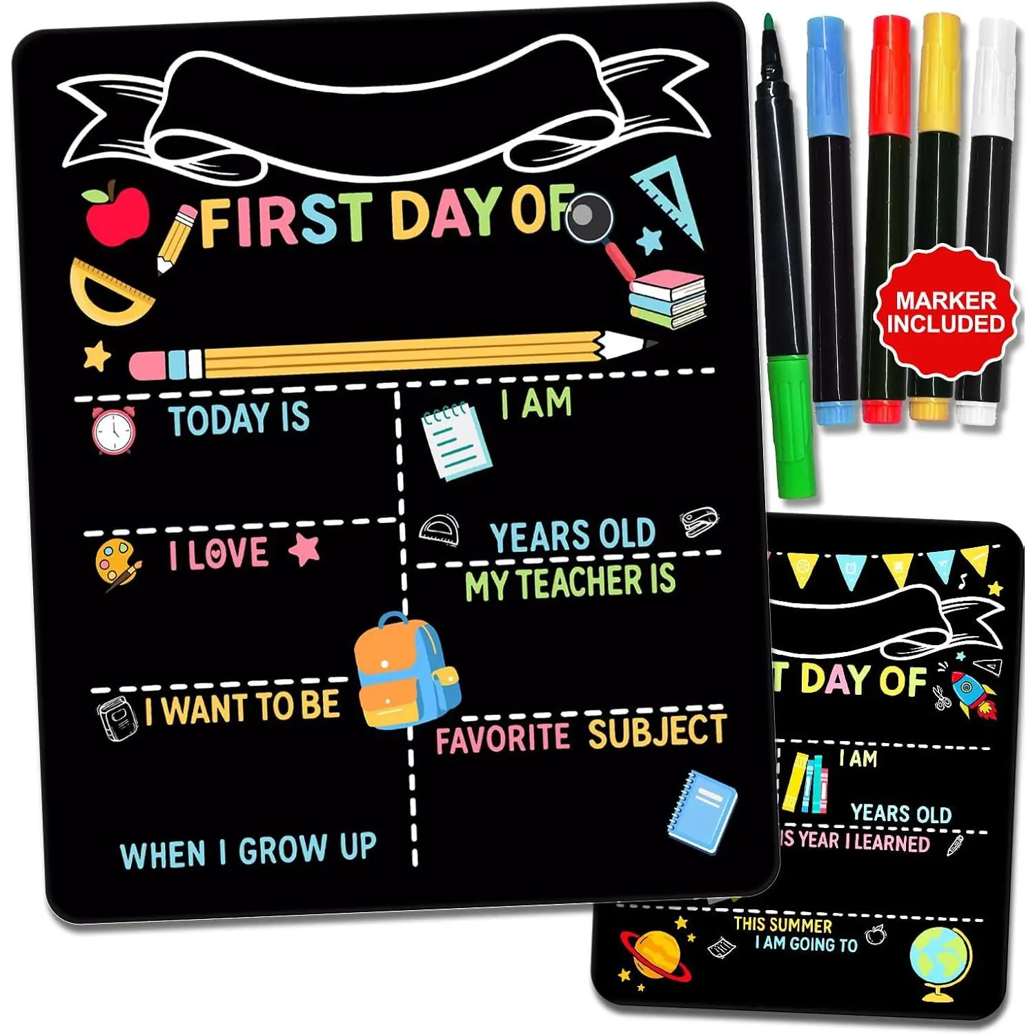Double-Sided  & Last Day of School Sign with Markers Included - 12×10 Inch   to School Chalkboard for , ,  - Durable & Easy to Clean