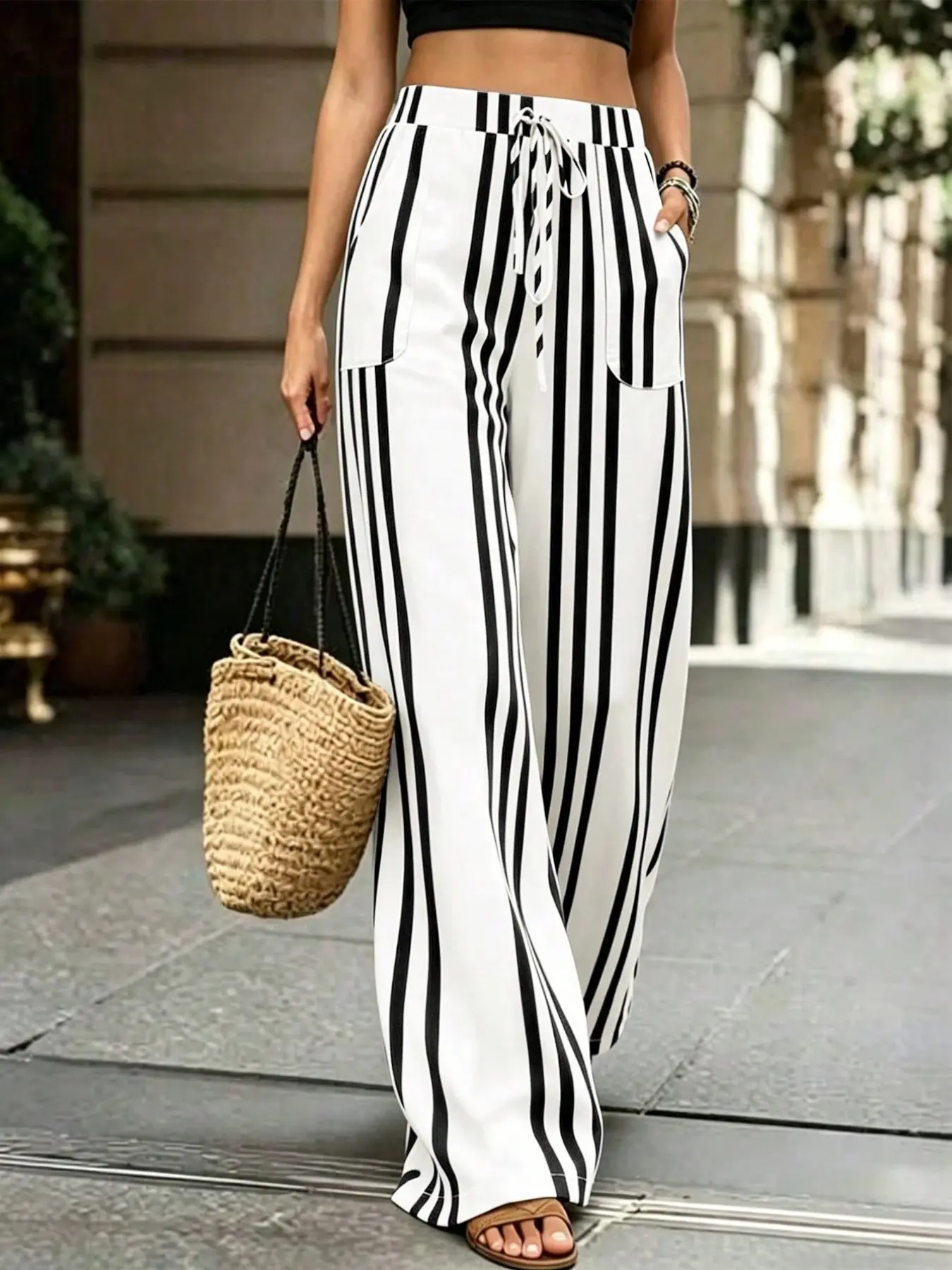 Women's Casual and Vertical Striped Drawstring Adjustable Pocket Wide Leg Pants, High Waist Loose Fit Vacation Long Pants