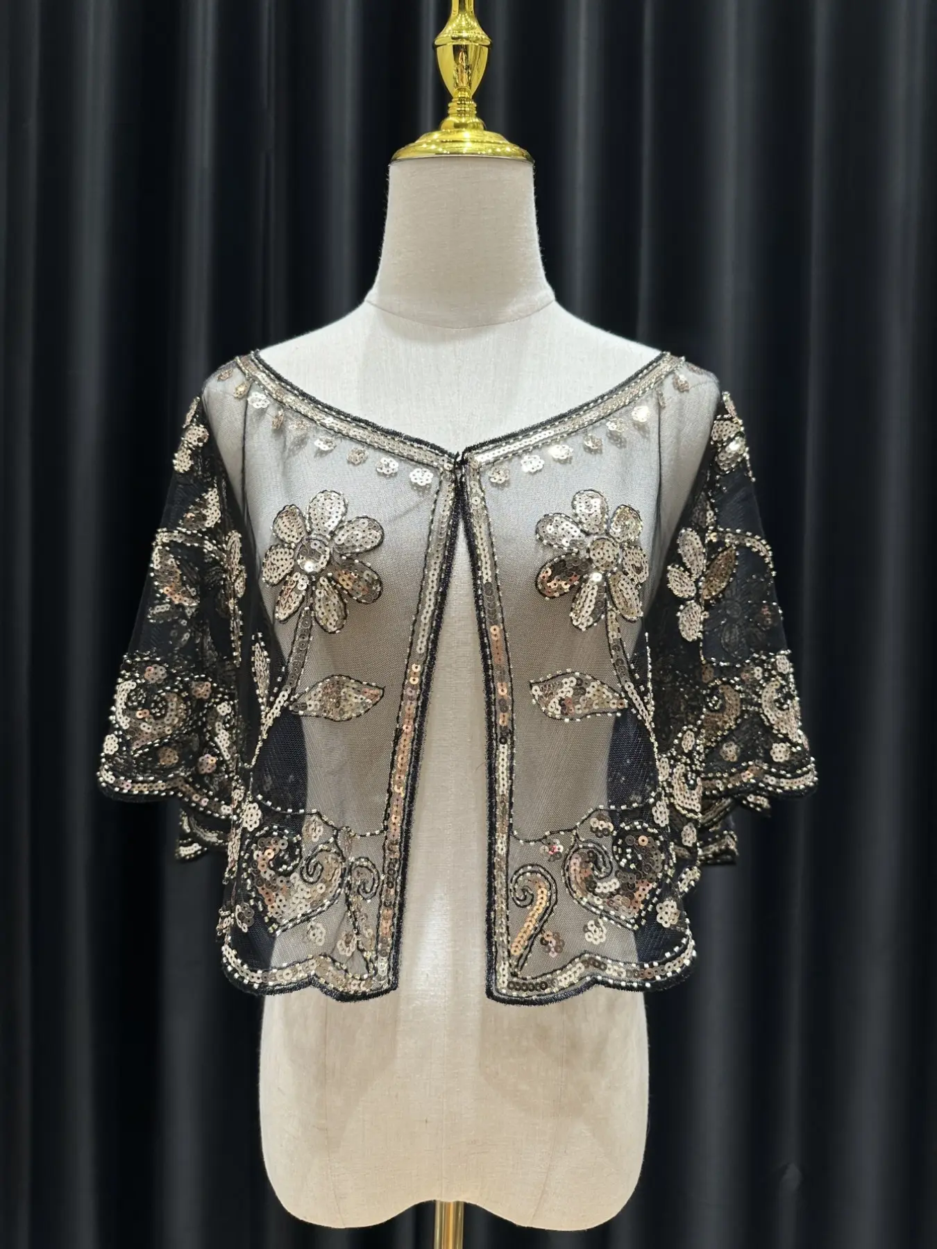 Elegant Chic Sequin Beaded Floral Mesh Shawl, Vintage Short Cape, Perfect for Women, Formal Parties, Weddings, Halloween, Carnival, Masquerade