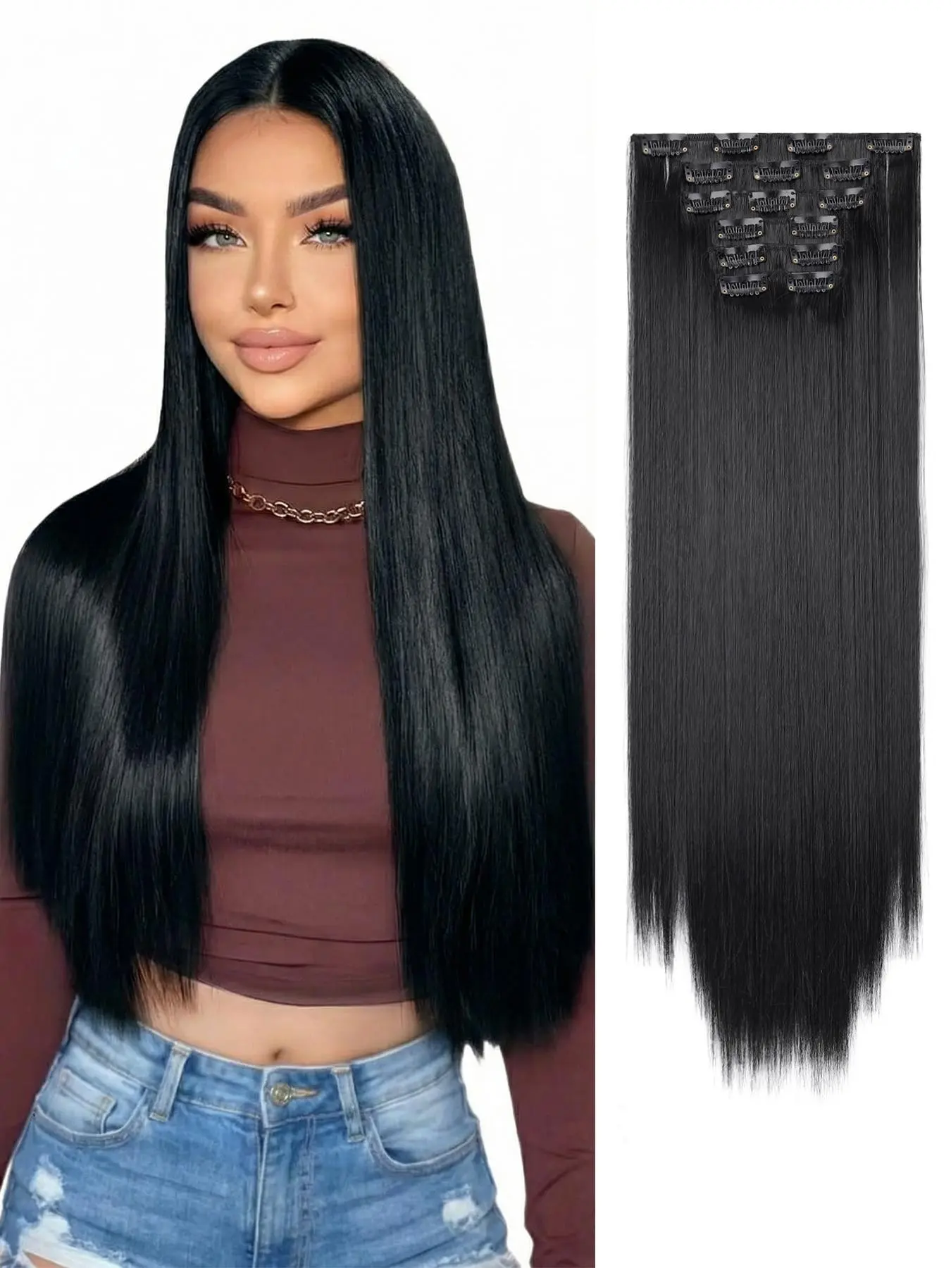 24-Inch Clip-In Hair Extensions, 6pcs  Long Straight Hair Extensions for Women, Heat-Resistant Synthetic Realistic Hairpieces Natural Look, Easy to Use,