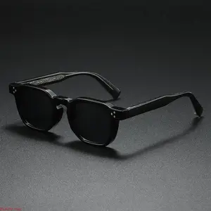 Unisex Classic Vintage Square Frame Sunglasses With Solid Black Acetate Frame And Rivet Decorated Temples, Dark Tinted Lens Rimless-Inspired Stylish Eyewear For Daily Street Matching And Outdoor Vacation Wear