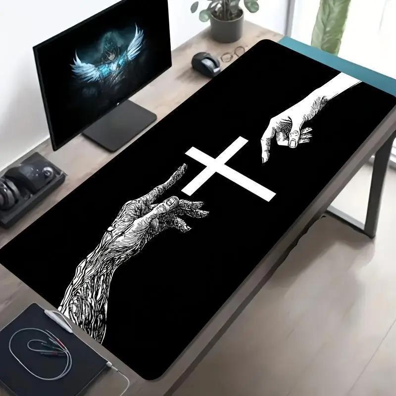 Black and White Dual-Hand Cross Symbol Desk Mouse Mat, Anti-Slip Grip Rubber Base, Thickened Durable Mat for Computers, Laptops, Office Desks, Mousepad