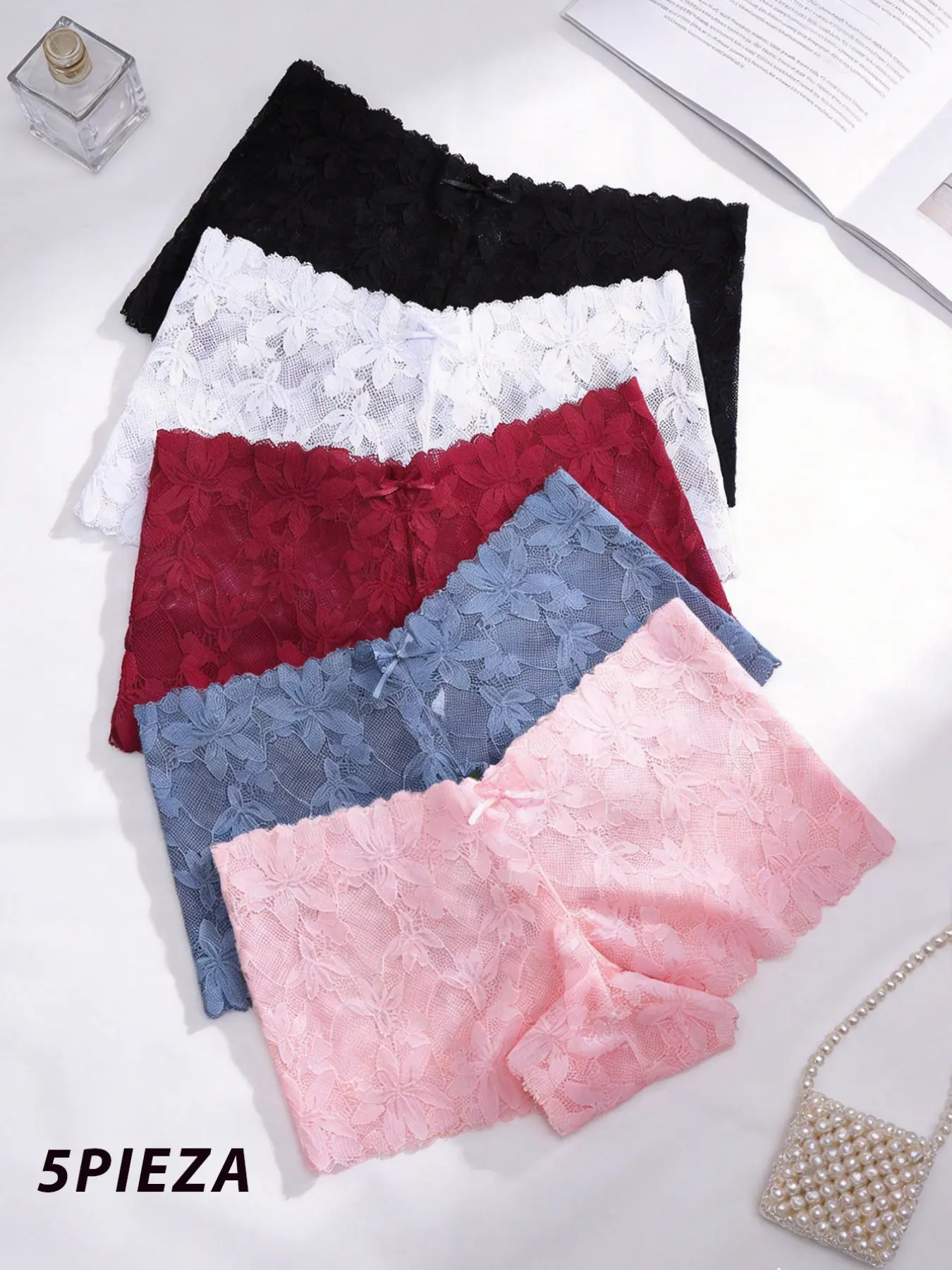5pcs Solid Floral Lace Semi-Sheer Elegant Chic Boyshorts Fashion Underwear Floral Lace Panties