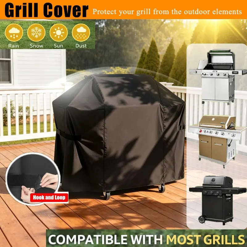 Outdoor BBQ Grill Cover, Dustproof Grill Protector, Durable Waterproof UV Resistant Tear-Resistant BBQ Hood for Most Grills