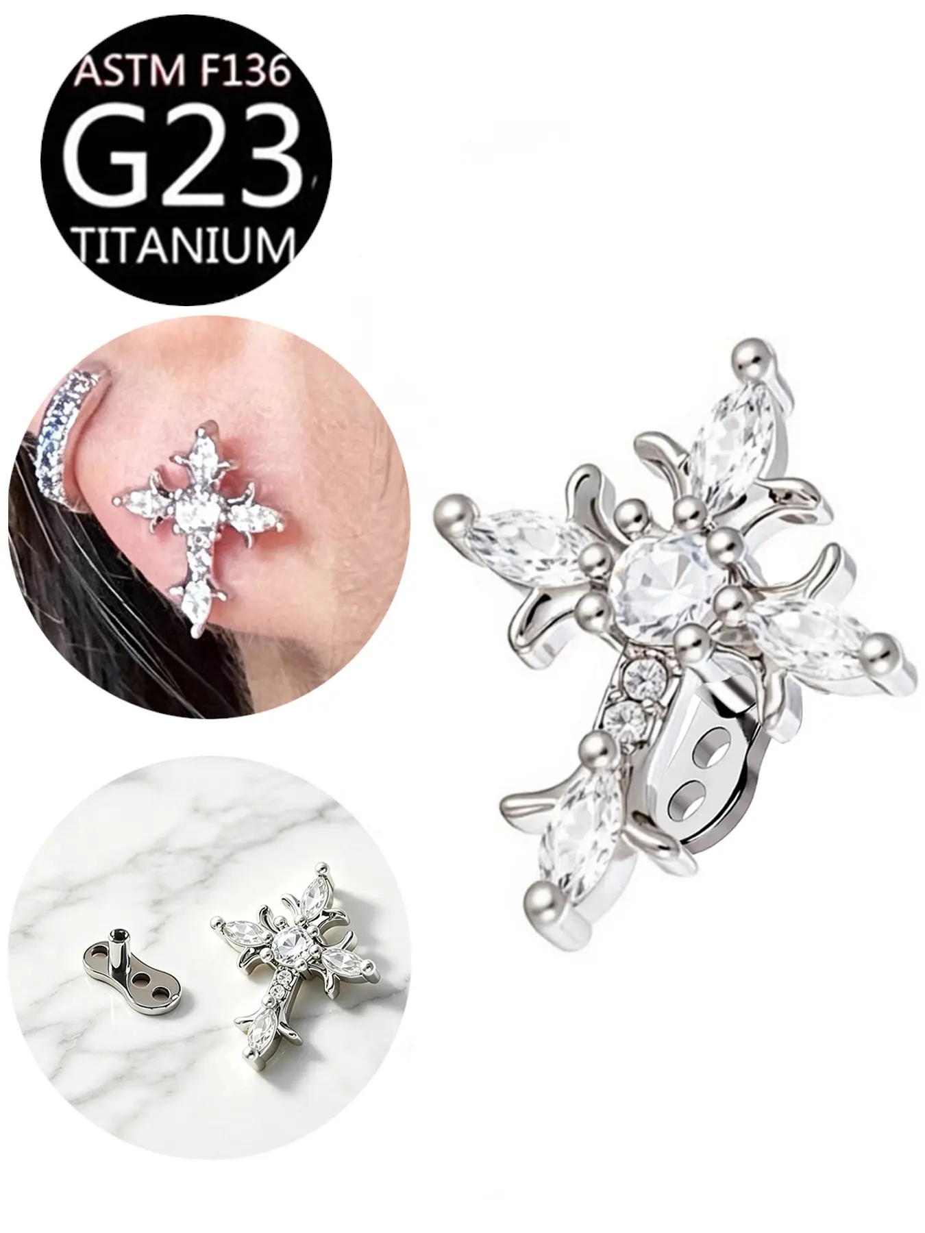 Trendy Shiny Cross Zircon Dermal Anchor Kit, 1Pc Zircon Cross Attachment Top + G23 Titanium Dermal Base, Hypoallergenic Stylish Skin Piercing Acc, Body Piercing Jewelry