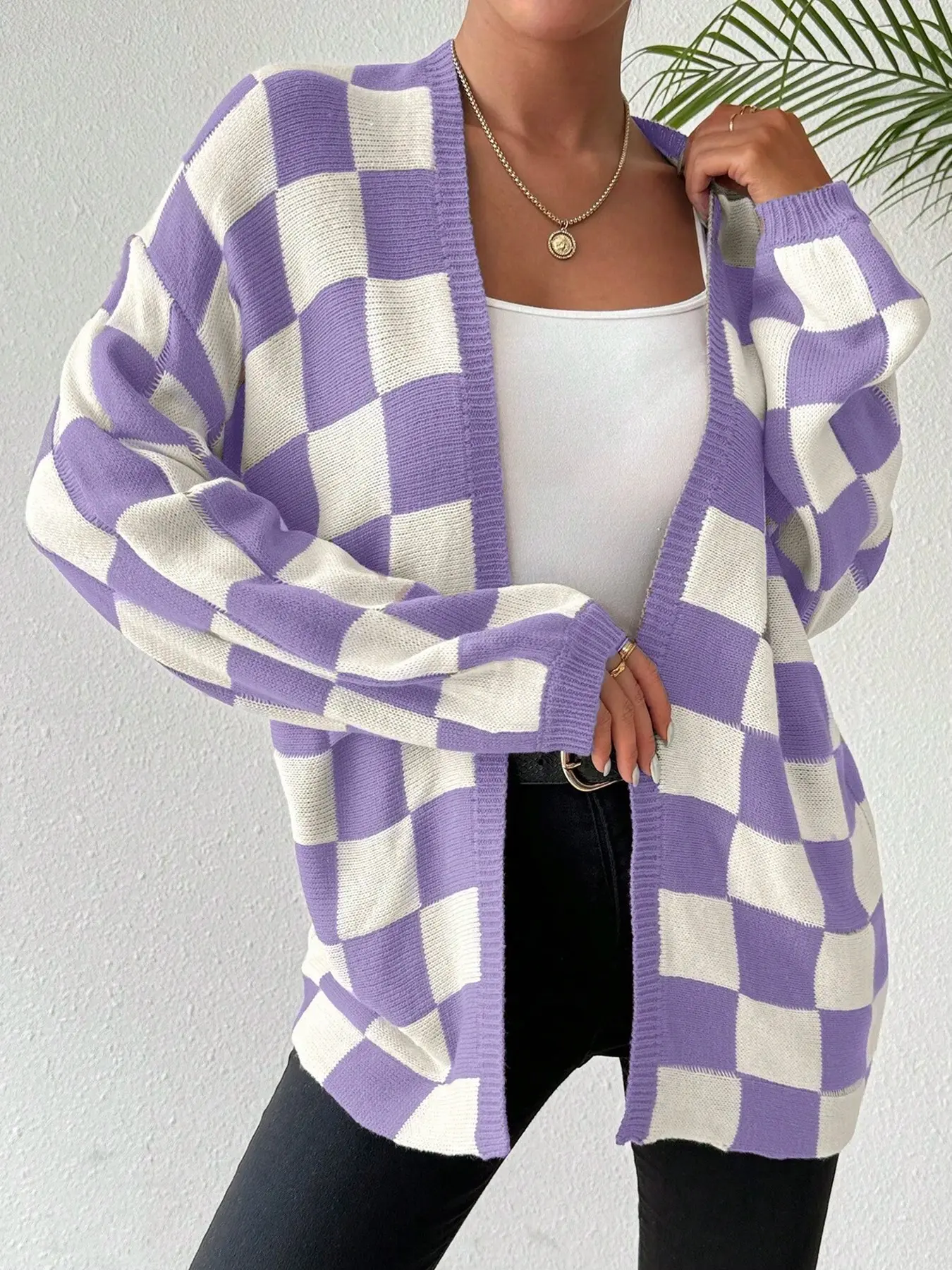 Women's Unique Design Plaid Knit Cardigan, Loose V-Neck Long Sleeve Sweater Coat, Fall Winter Fashion, Elegant Casual Daily Wear, Comfortable and Stylish