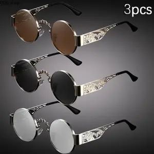 Unisex 3-Pair Personalized Glasses Set - Cool Sunglasses, Wide Hollow Double Dragon Play Beads Metal Frames, Custom Print Temples, Nose Pads, Vintage Lightweight Comfortable, Men's Daily Casual Fashion Accessory