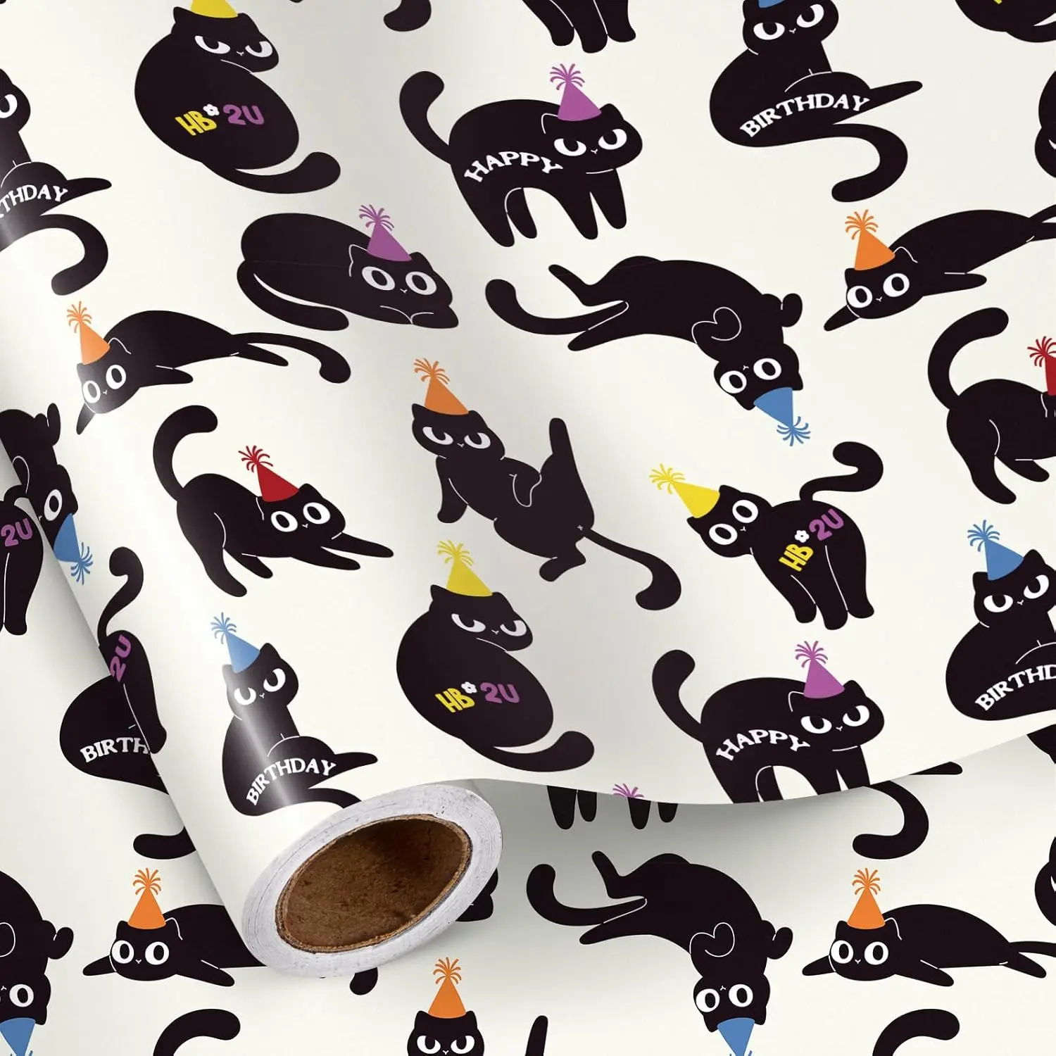 Birthday  Wrapping Paper Roll, Cute Black Cats with Party Hats & Happy Birthday Text Funny  Wrap for , Teens,  Lovers, Party, 17 Inches x 16.4