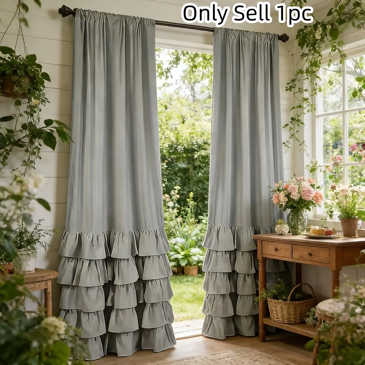 1pc Romantic Country Style Multi-Layered Ruffled Semi-Sheer Outdoor Curtain, Top Rod Hook, Vintage Home Decor for Porch, Patio, Bedroom, Living Room, Home Decoration Curtain, Window Curtain