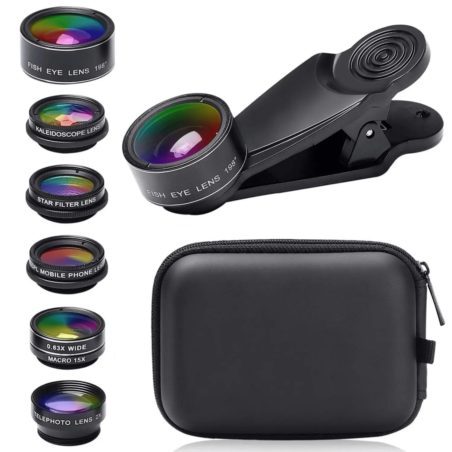 7 in 1 Mobile Phone Camera Lens Kit-198° Fisheye Lens+ 15X Macro Lens+ 0.63X Wide Angle Lens+ Long Focal Lens 2x+ CPL+ Kaleidoscope+Starburst+, Clip-on Camera Lens for iPhone 11/12/13, for Samsung/Android, Universal Compatibility