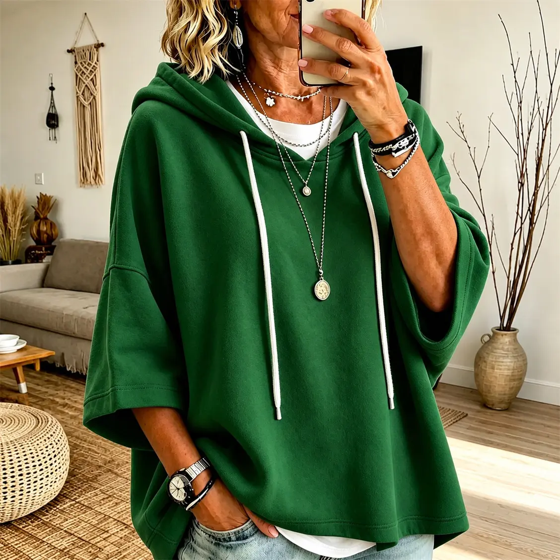 Women’s 3/4 Sleeve Hooded Top, Casual Loose Fit Drawstring Pullover Hoodie, Drop Shoulder Lightweight Top for Daily Wear, Travel, Weekend & Fall Outfits