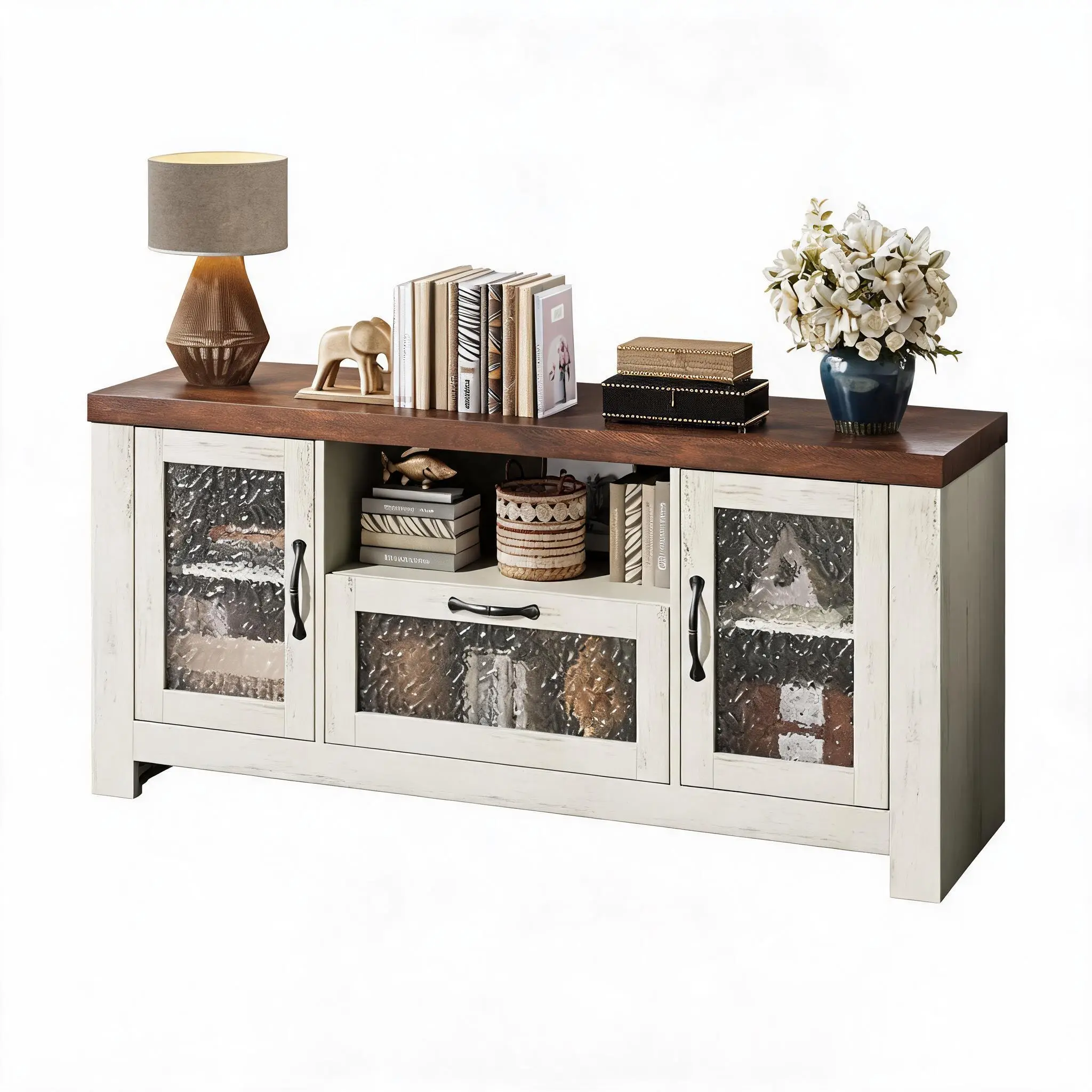 Rustic Farmhouse Modern Freestanding TV Stand - Engineered Wood Sturdy Entertainment Center for 60" TV, Sliding Acrylic Barn Doors, Adjustable Storage Shelves, 300 lbs Load Capacity for Living Room