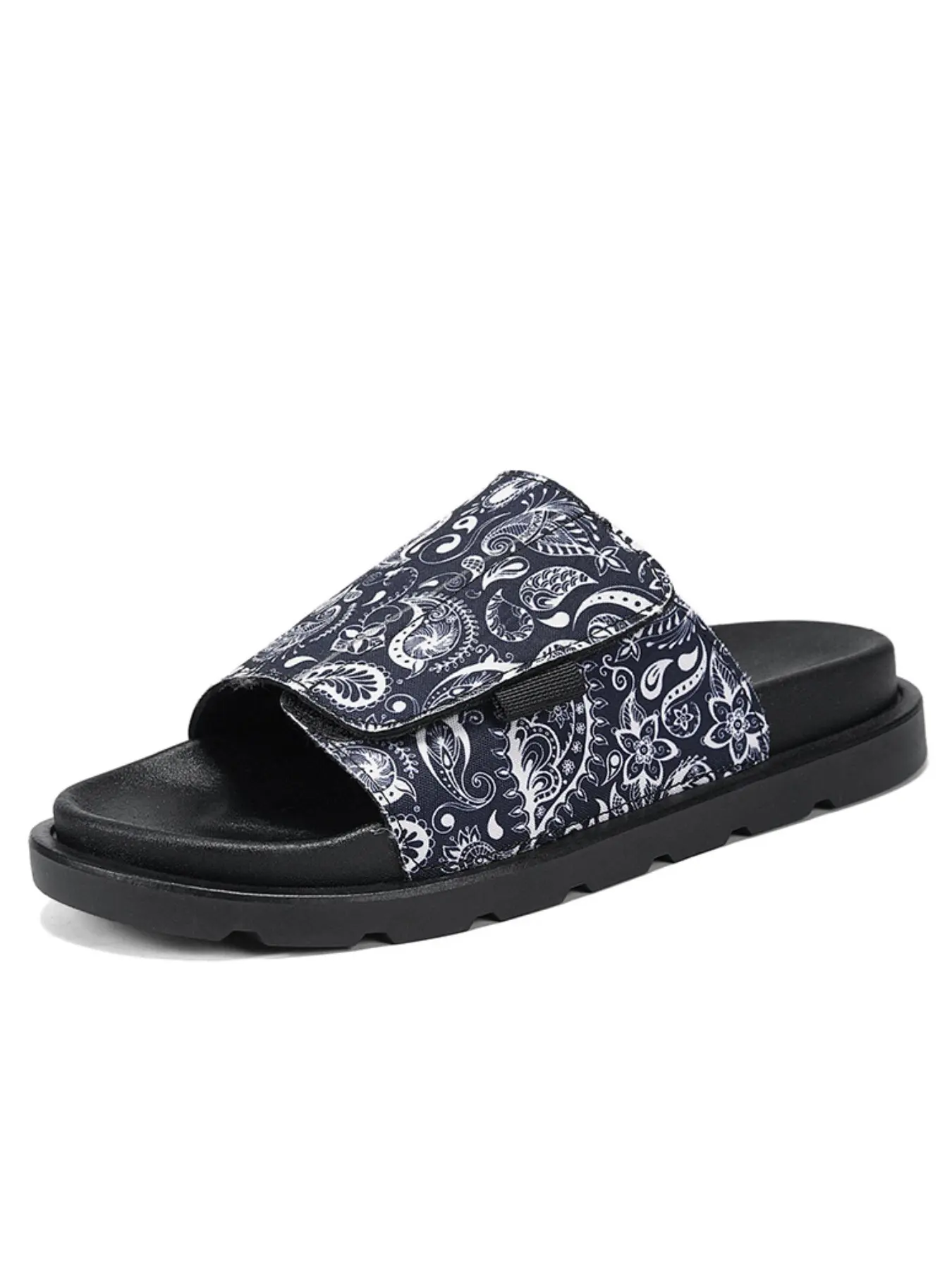 Vintage Blue Paisley Print Thick Sole Slippers, Casual Home Shoes, Adjustable Velcro, Non-Slip, Comfortable, Retro Style, Wide Fit, All Seasons