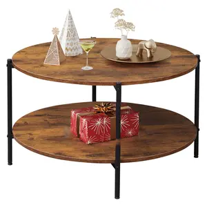 WLIVE Aesthetic Round Coffee Table, Living Room Table with 2-Tier Storage Shelf, 32in Wood Modern Coffee Table with Metal Frame