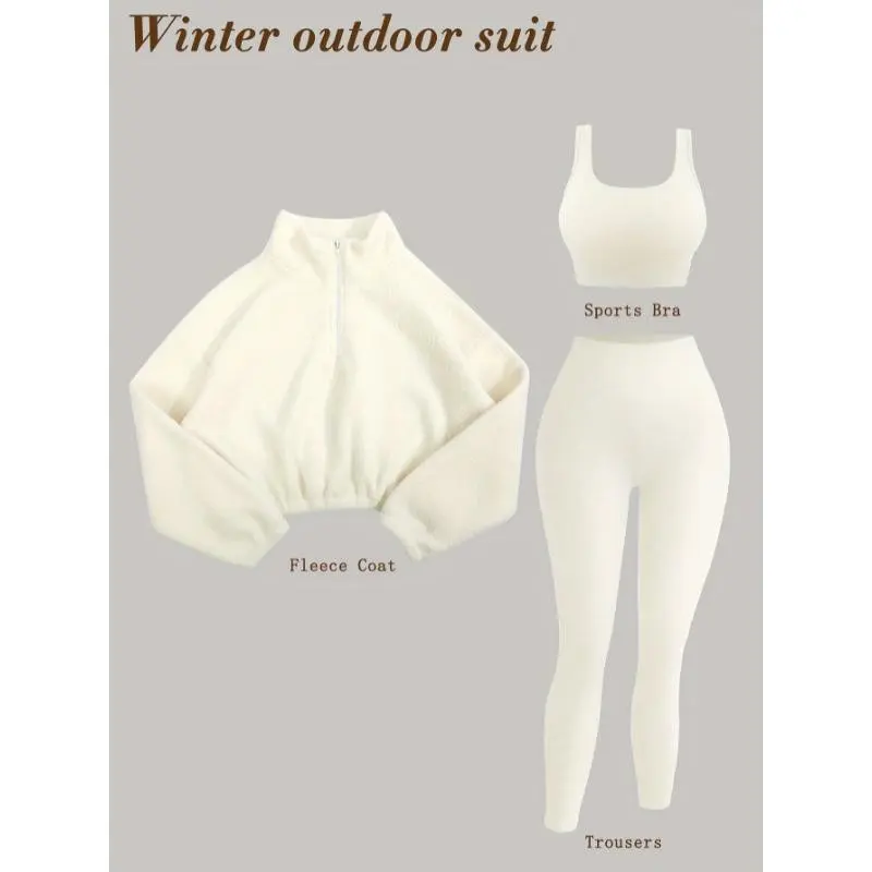 Cozy 3pcs Fleece-Lined Yoga Outfit Set - Stretchy Bra,-Waist Leggings & Half-Zip Sweatshirt Women - Autumn/Winter Workout Gear, Casual Activewear, Elegant Attire, Polyester Blend
