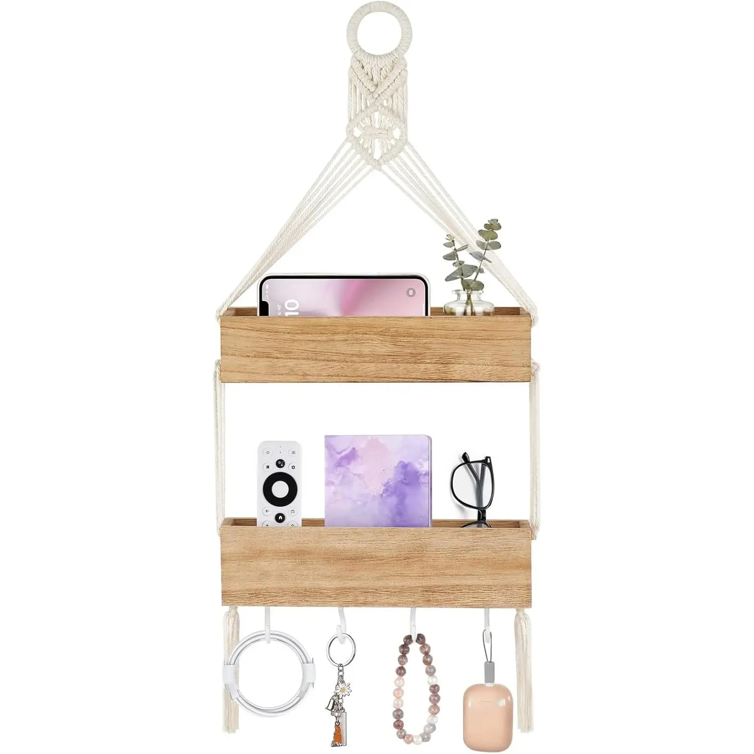 Mkono Macrame Hanging Shelf for Bedside Shelf Organizer with Hooks, Boho Wall Decor Cute Wood Floating Shelves for Girls Bedroom Dorm Nursery, Wall Storage for Phone, Remote, Accessories (Small)