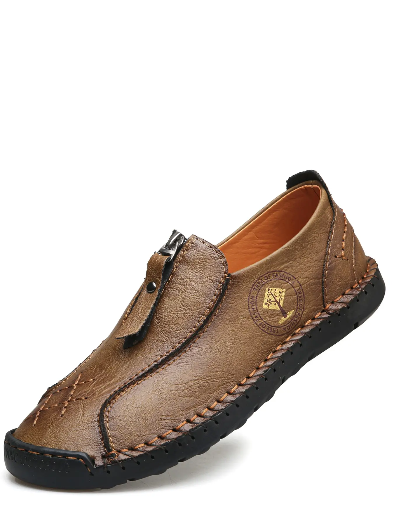 Men's Casual Leather Shoes, Slip-On Design, Zipper Front, Outdoor Hiking Boots, Workwear Footwear, Comfortable Walking Shoes, Hiking Style Shoes