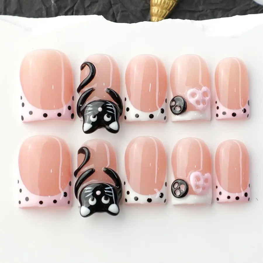 10pcs Short Square Press-On Nails, False Nail Set, Y2K Sweet Cool Style, 3D Cat Design, Handmade Acrylic, Reusable, Perfect for Parties and Gifts
