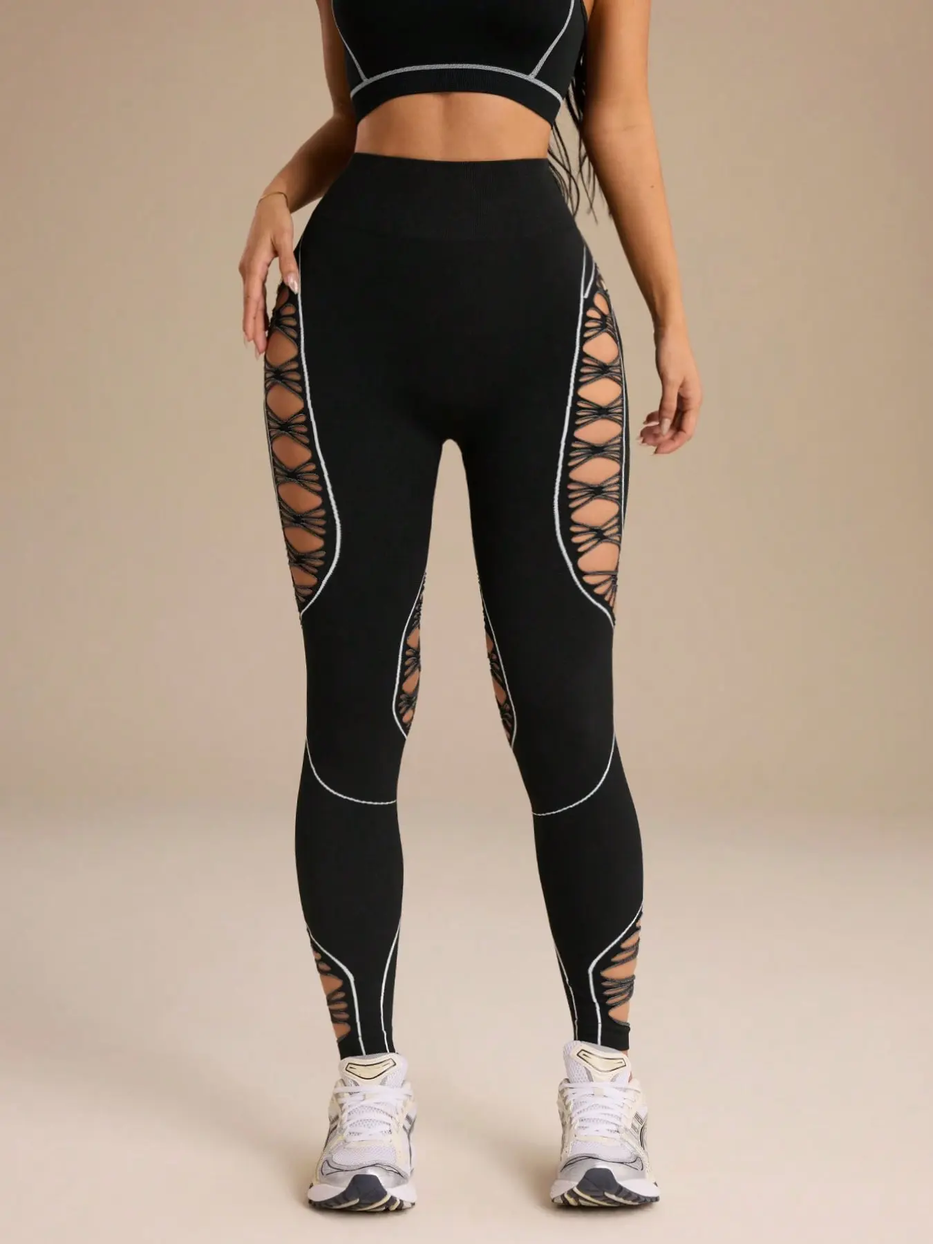 Women Seamless High Waist Hollow Lace Up Yoga Leggings For Workout Contrast Stitch Cutout Mesh Butt Lifting Scrunch Booty Workout Pants Running Gym Training Athletic Tights High Waists Leggings