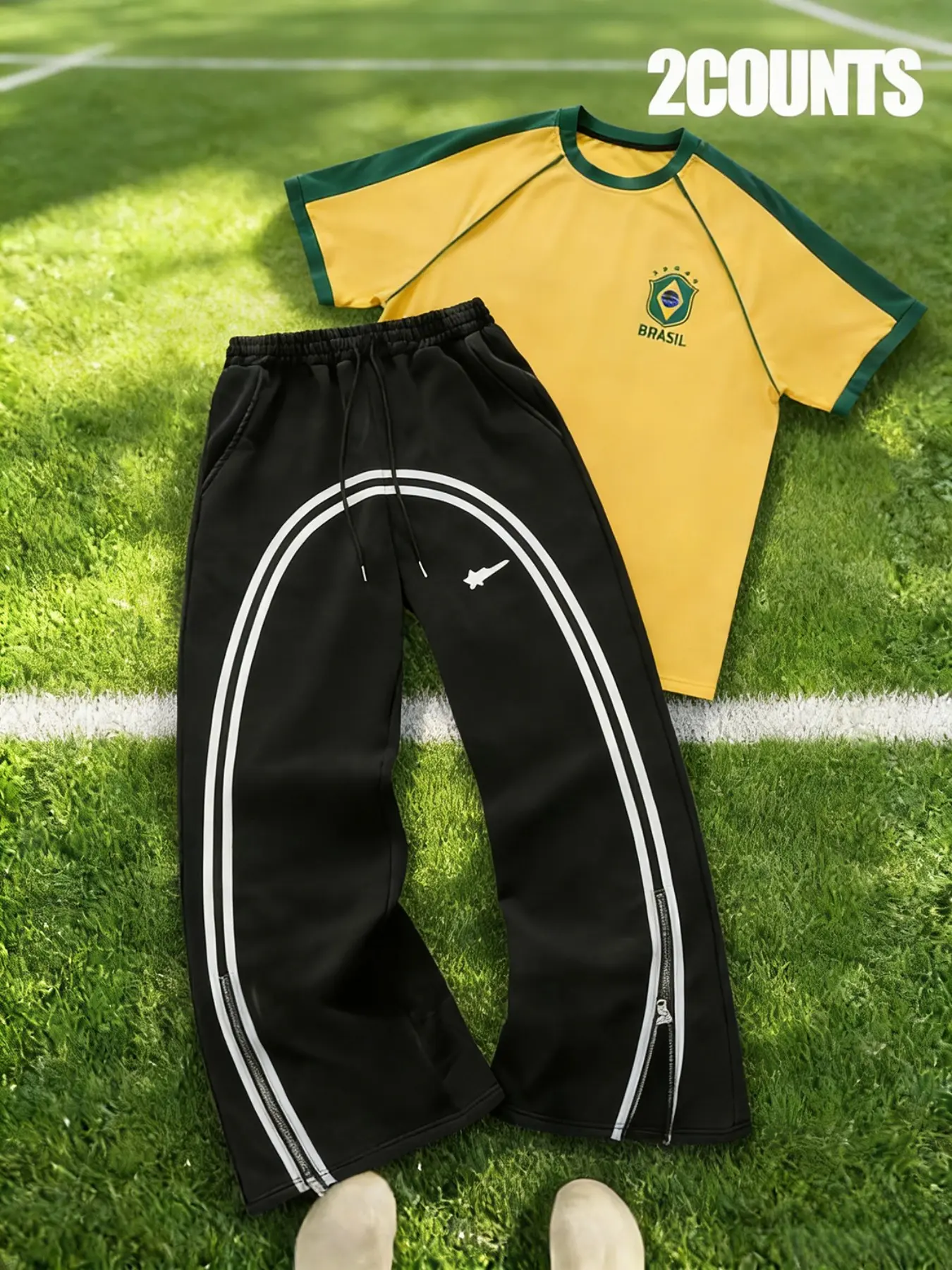 Brazil Flag Print T-Shirt Set, Colorblock Short Sleeve, Athletic American Street Style Side Big Arc Zip Wide Leg Pants Two Piece Aesthetic