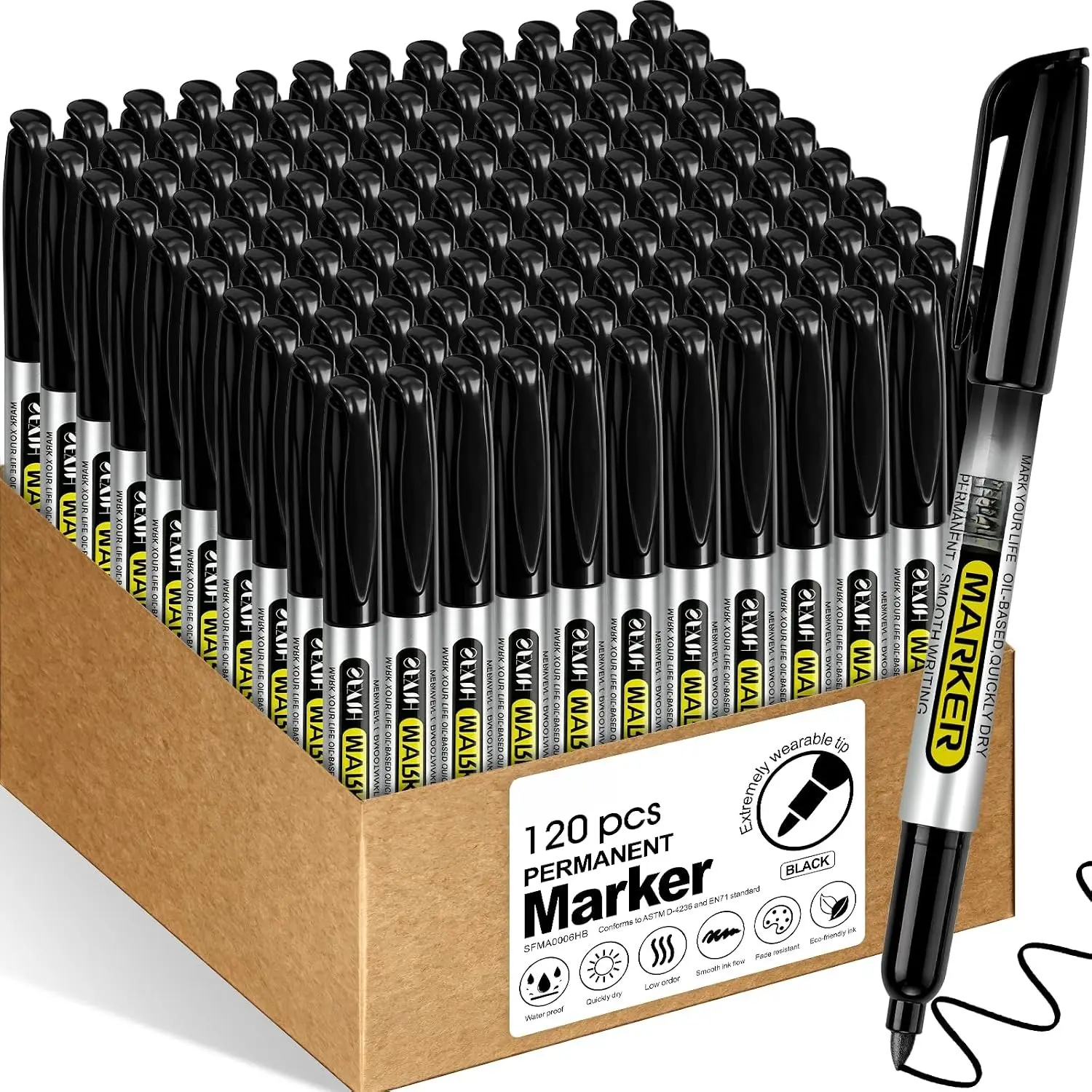 120 Black Permanent Markers Bulk -1s Quick Drying, Fine Point Markers for Write Mark, School, Office, Warehouse, Business, Logistics, Durable,  Ink  Paper, Plastic, Metal, Cardboard