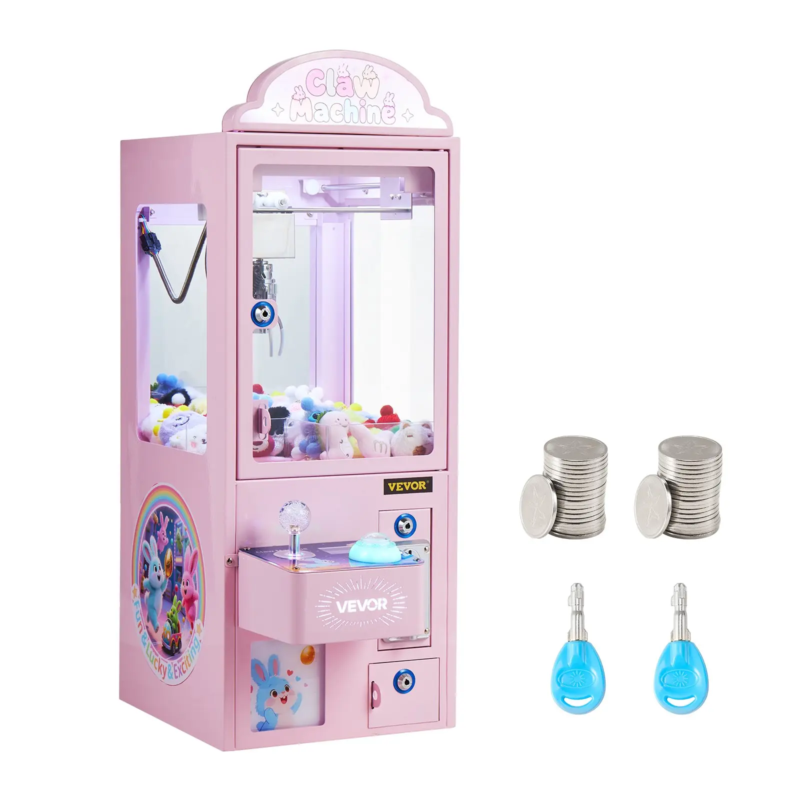 VEVOR Acrylic Claw Crane, Medium-Sized Arcade Game with Light Sounds, Adjustable Steel Claws, Manual Precise Toy-Candy Grabber Prize Dispenser Vending Unit, Coin-Operated Assembly Kit for Commercial Home Use, Pink