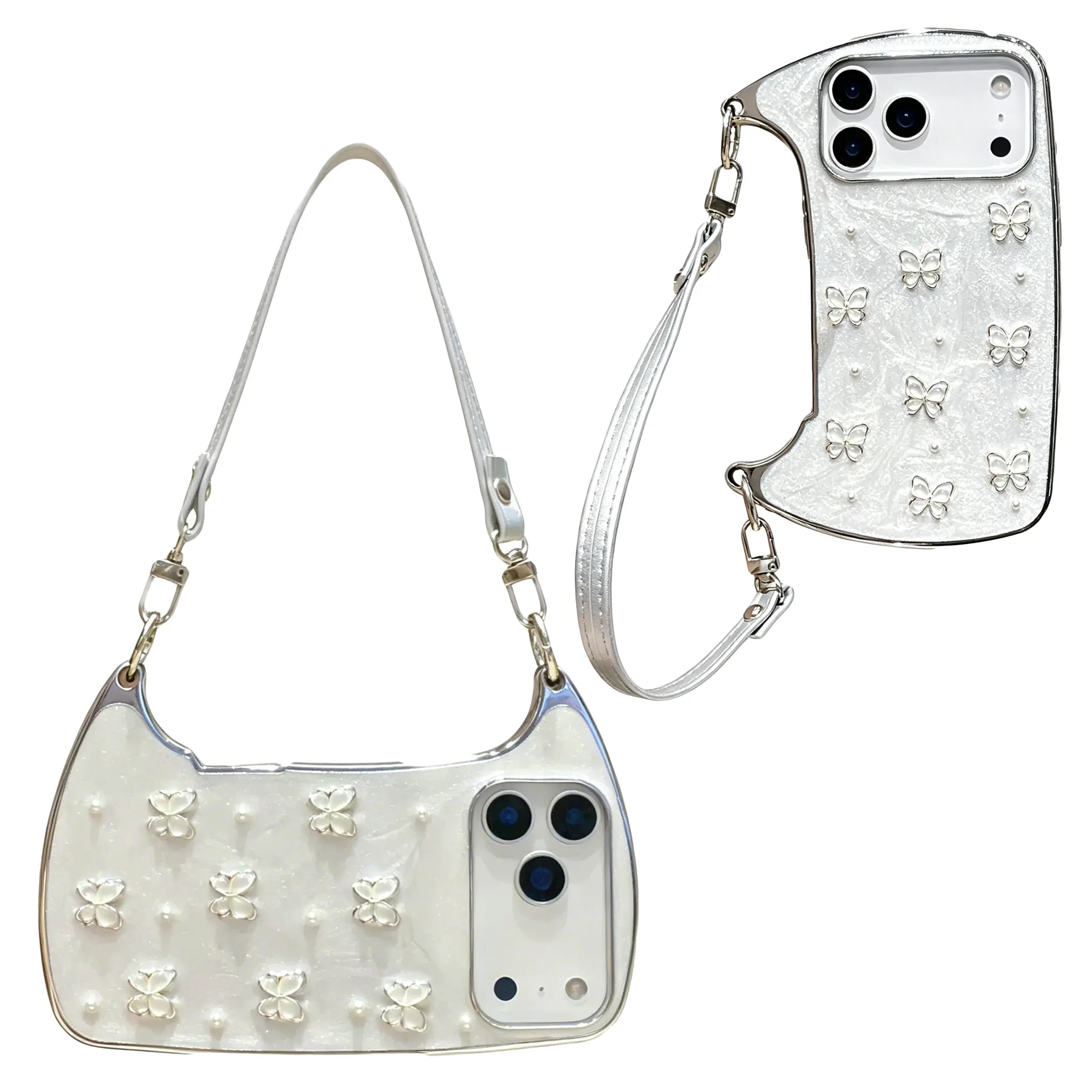 (Case & Nova) Luxury Drip Glaze Mini Handbag-Shape Chrome Case, Electroplated Frame, Pearl Butterfly Decor, Detachable Strap/Wrist Strap, Anti-Drop Shockproof Slim Hard Cover for iPhone 17 Pro Max,16,15,14,13,12,11 Cute Mobile Phone Accessory, Silicone Sh