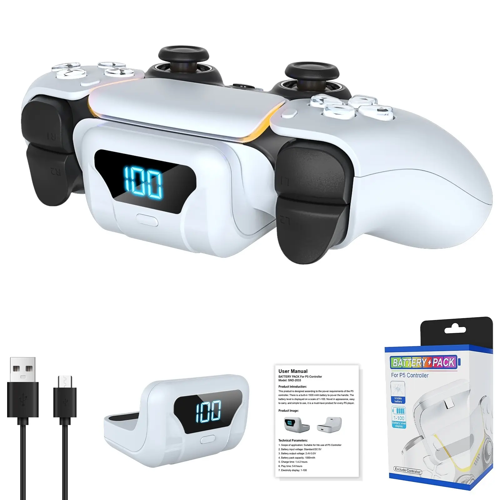 Lightweight and compact design easy to carry, charging pack works with PS5 and DualSense Edge controllers, adds 18 hours of gaming time for uninterrupted play, PS5 controller accessory, Console controller accessories - White
