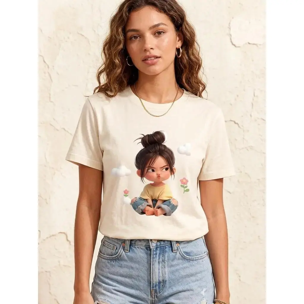 Women's Cotton Graphic Top - Cute Cartoon Print, Fitted Short-Sleeve Crew Round Neck, Medium Length Women's Clothes, Casual Outdoor Tops & Shirts for Easter, Valentines Day