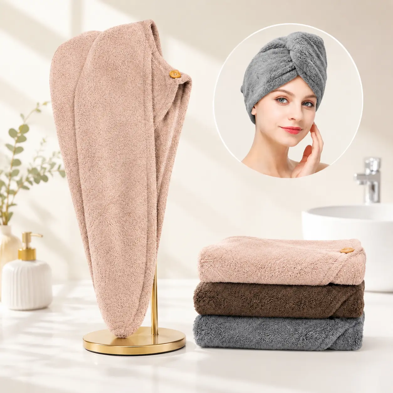 Microfiber Hair Towel Wrap for Women, Super Absorbent Quick Dry Hair Turban for All Hair Style Anti Frizz, Large Hair Drying Towel with Button, Bathroom Towel Set