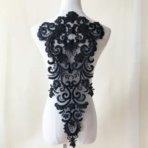 Bodice Lace Applique with Beaded Sequin Embroidery Floral Back Patches for Craft Projects (Black)
