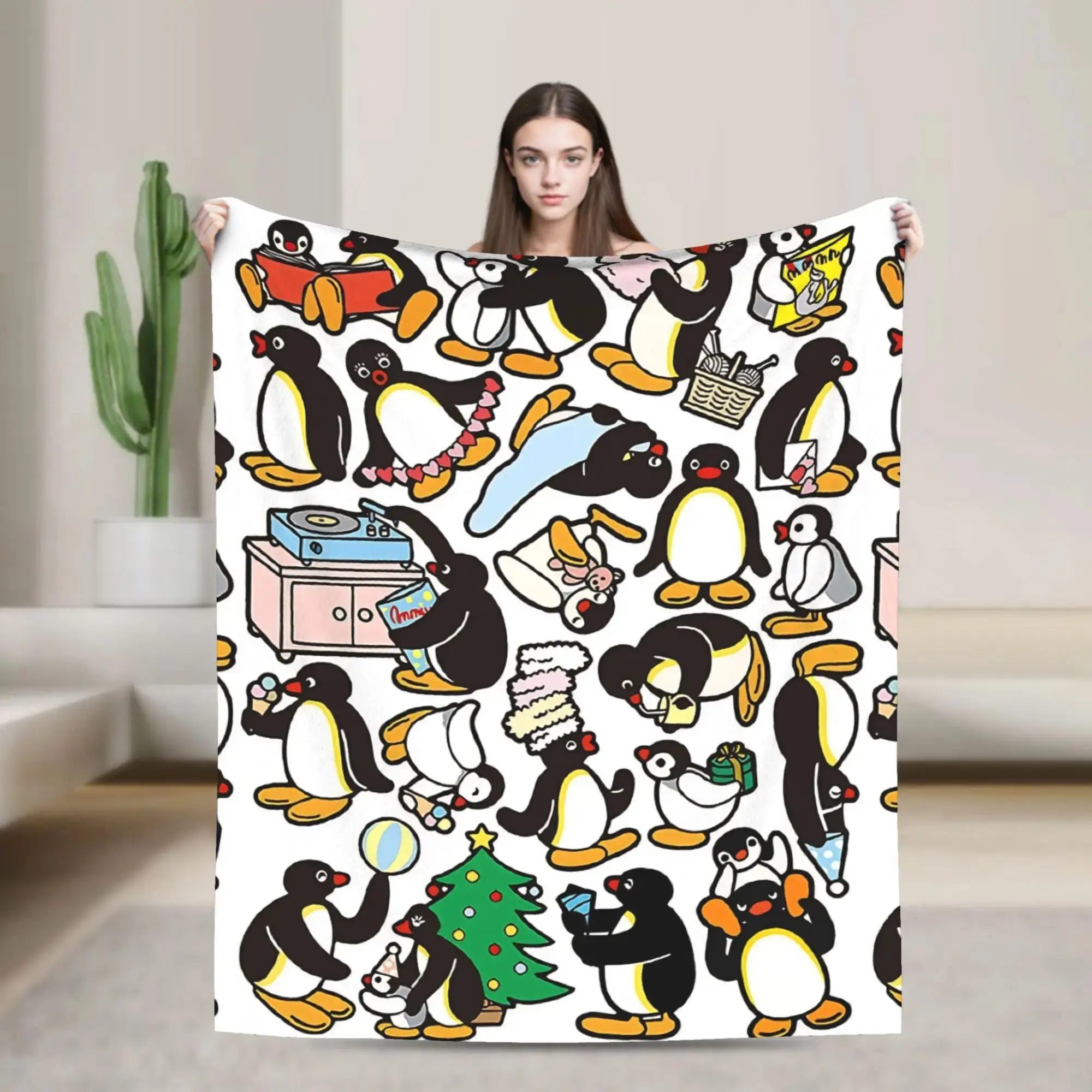 Cute Pingu Penguin Polyester Flannel Cozy Throw Blanket, Unisex All-Seasons Camping Sleeping Gear for Living Room Room Decor