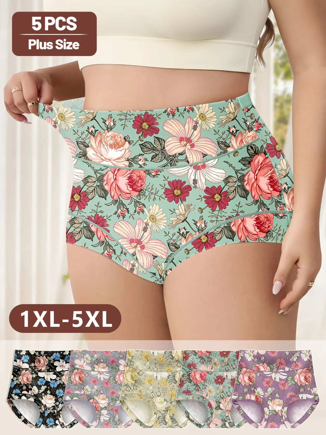 5-Pack Plus Size Comfortable Underwear, Vibrant Floral Print, Full Coverage Design, Boho Style, Loose-Fit, All Seasons