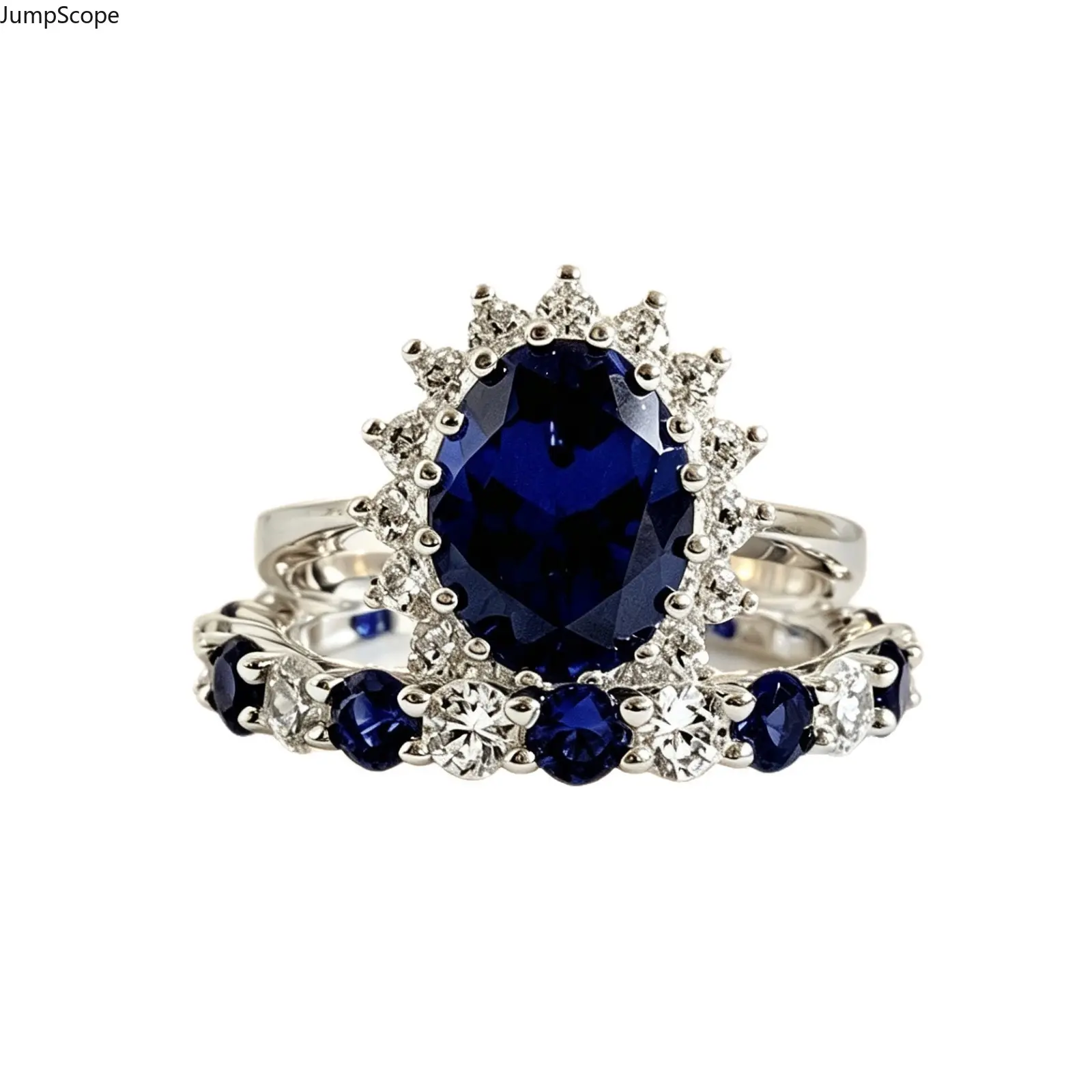 Women's White Gold Plated 2-Pcs Stackable Set - Oval Deep Blue Sapphire CZ Sunburst Halo Royal Vintage Engagement Ring & Alternating Blue White CZ Wedding Band (Wedding Proposal, Anniversary Gift), Mdf+Steel