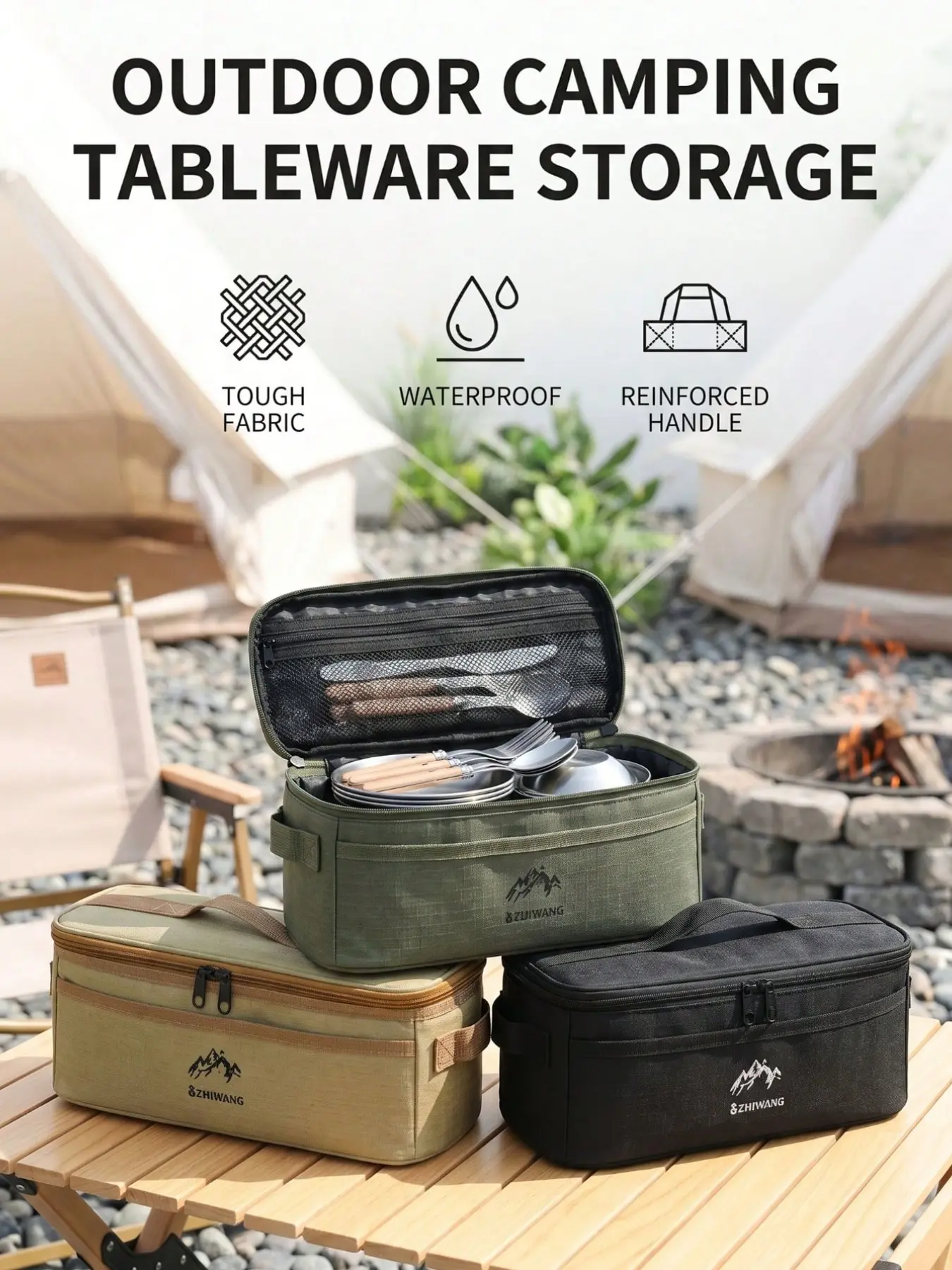 1pc Camping Cutlery Storage Bag, Large Capacity, Reinforced Handle, Portable Design, Ideal for Outdoor Activities, Picnics, Hiking, Travel